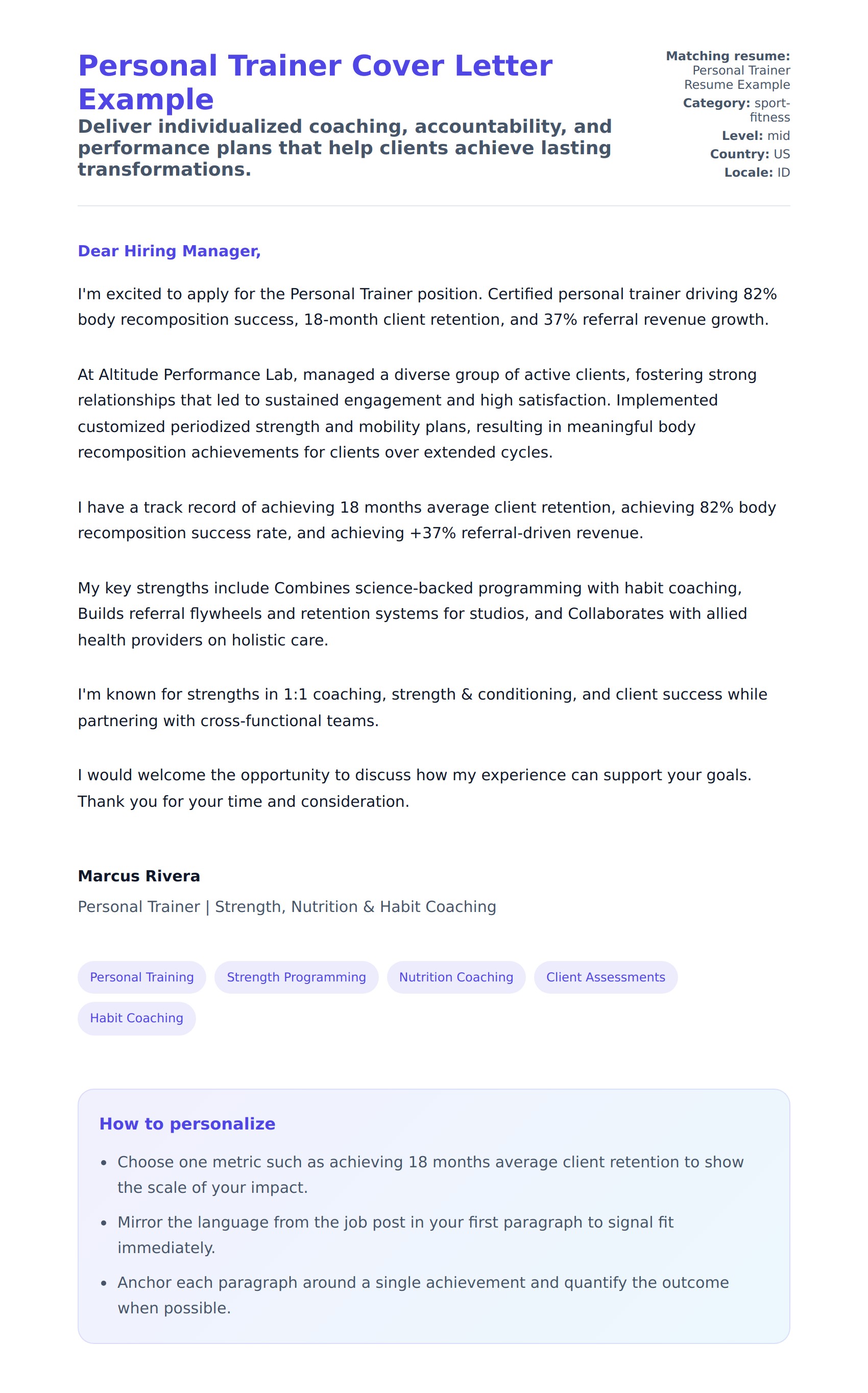 Cover Letter preview for Personal Trainer Cover Letter Example