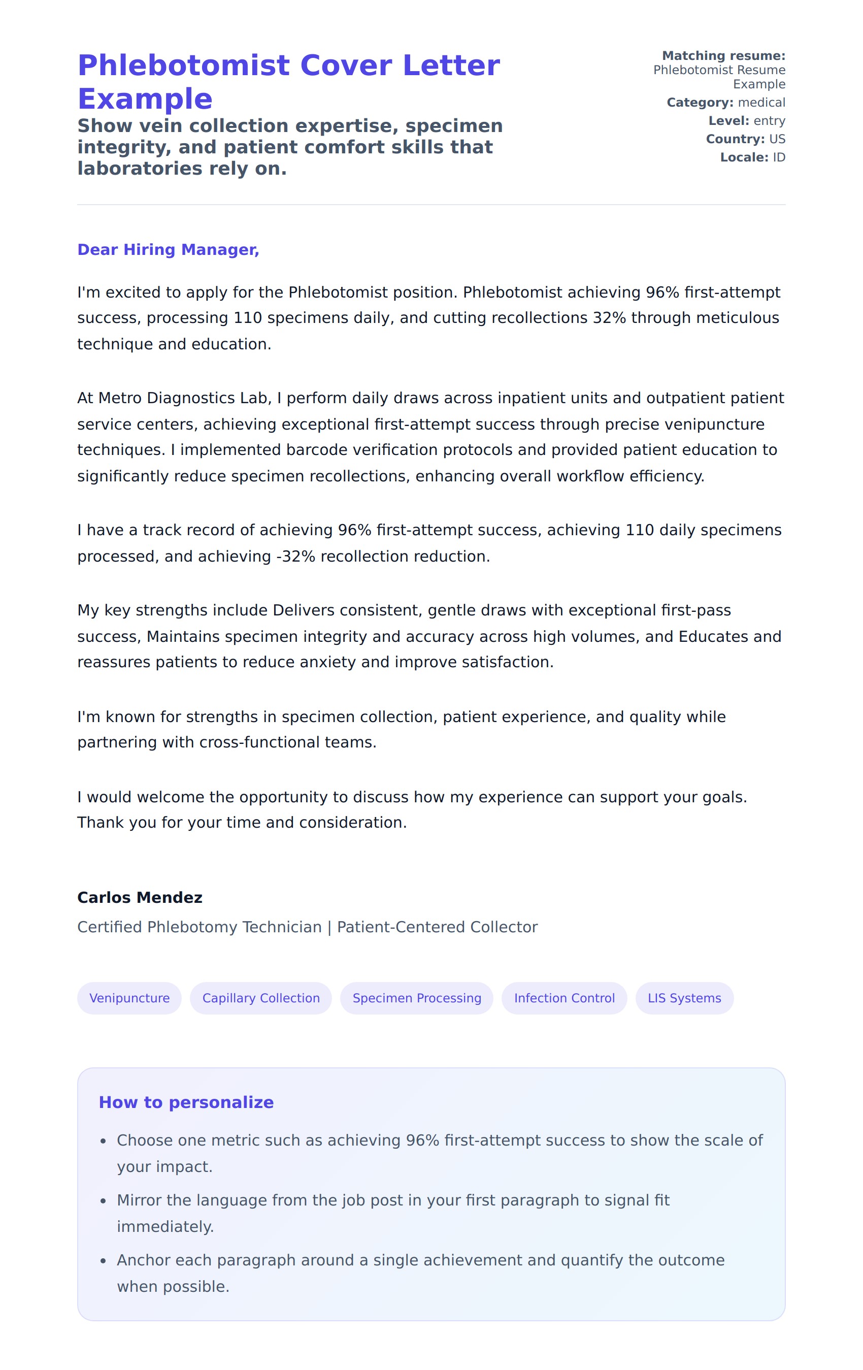 Cover Letter preview for Phlebotomist Cover Letter Example