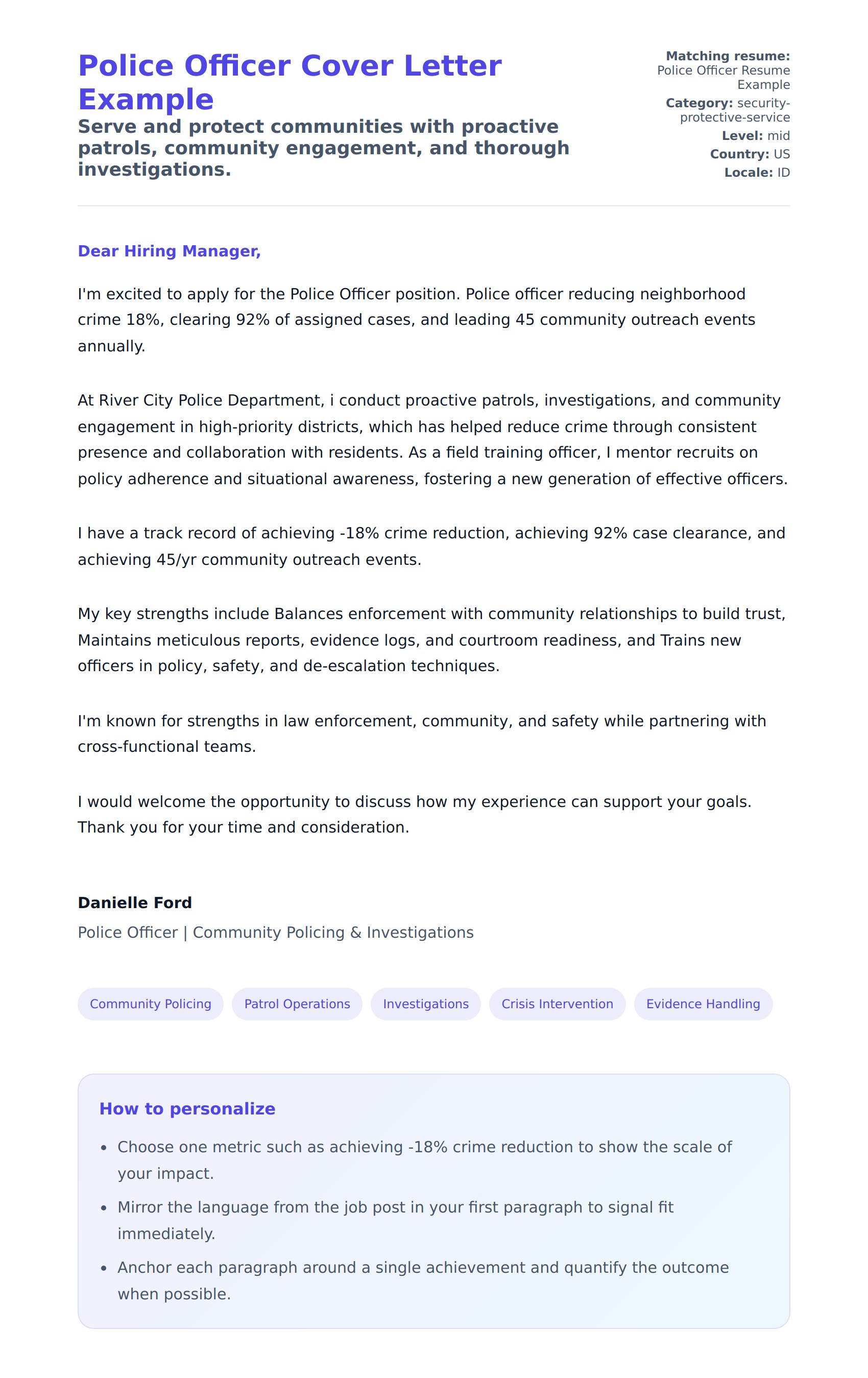Police Officer Cover Letter Example
