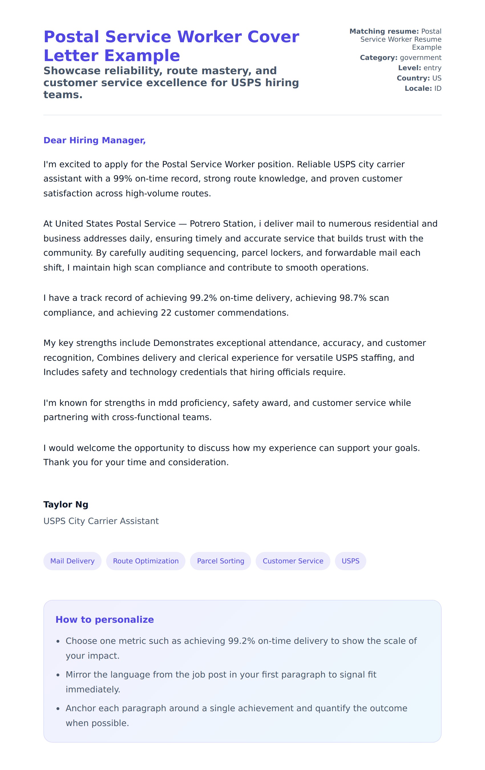 Postal Service Worker Cover Letter Example