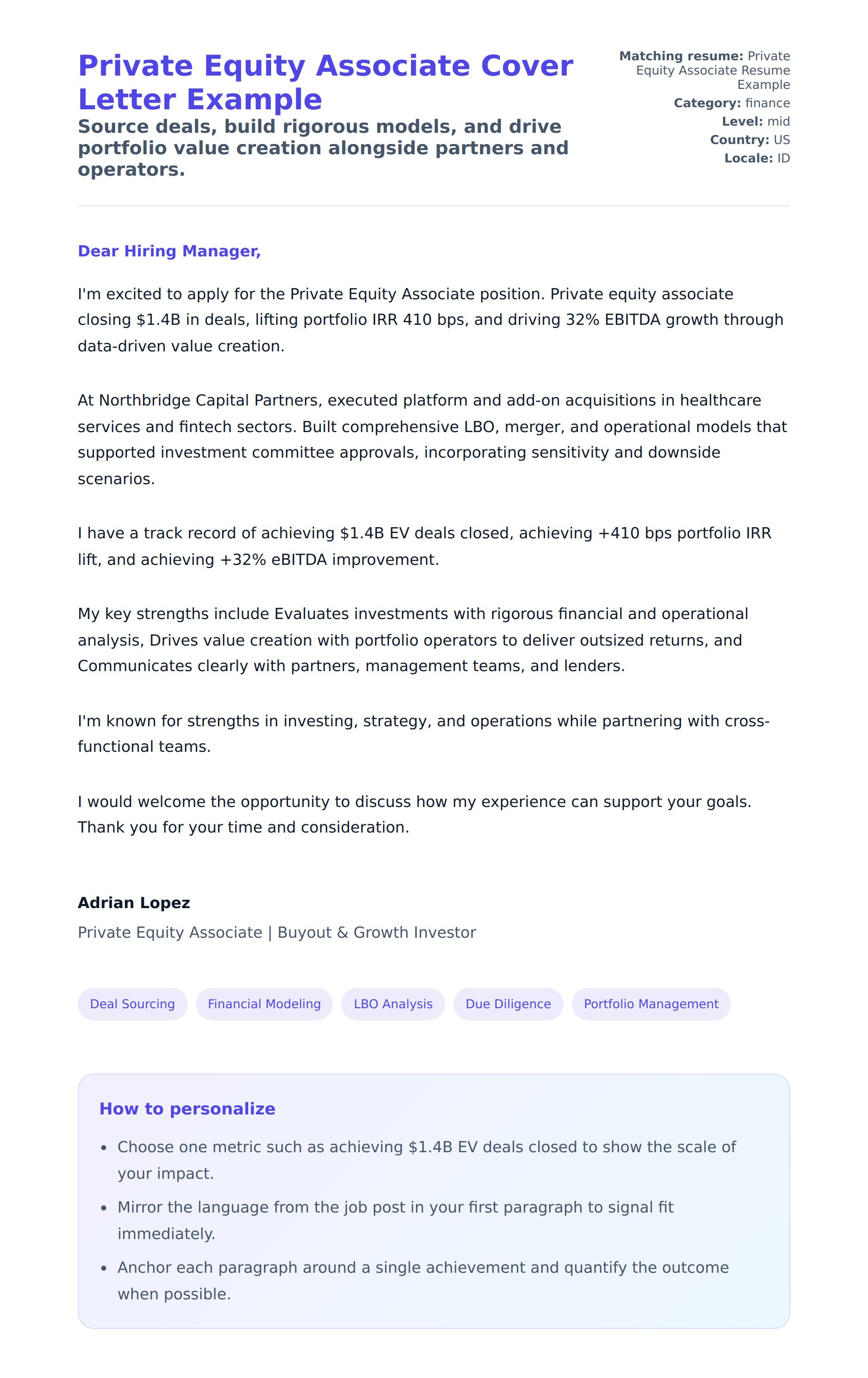 Cover Letter preview for Private Equity Associate Cover Letter Example