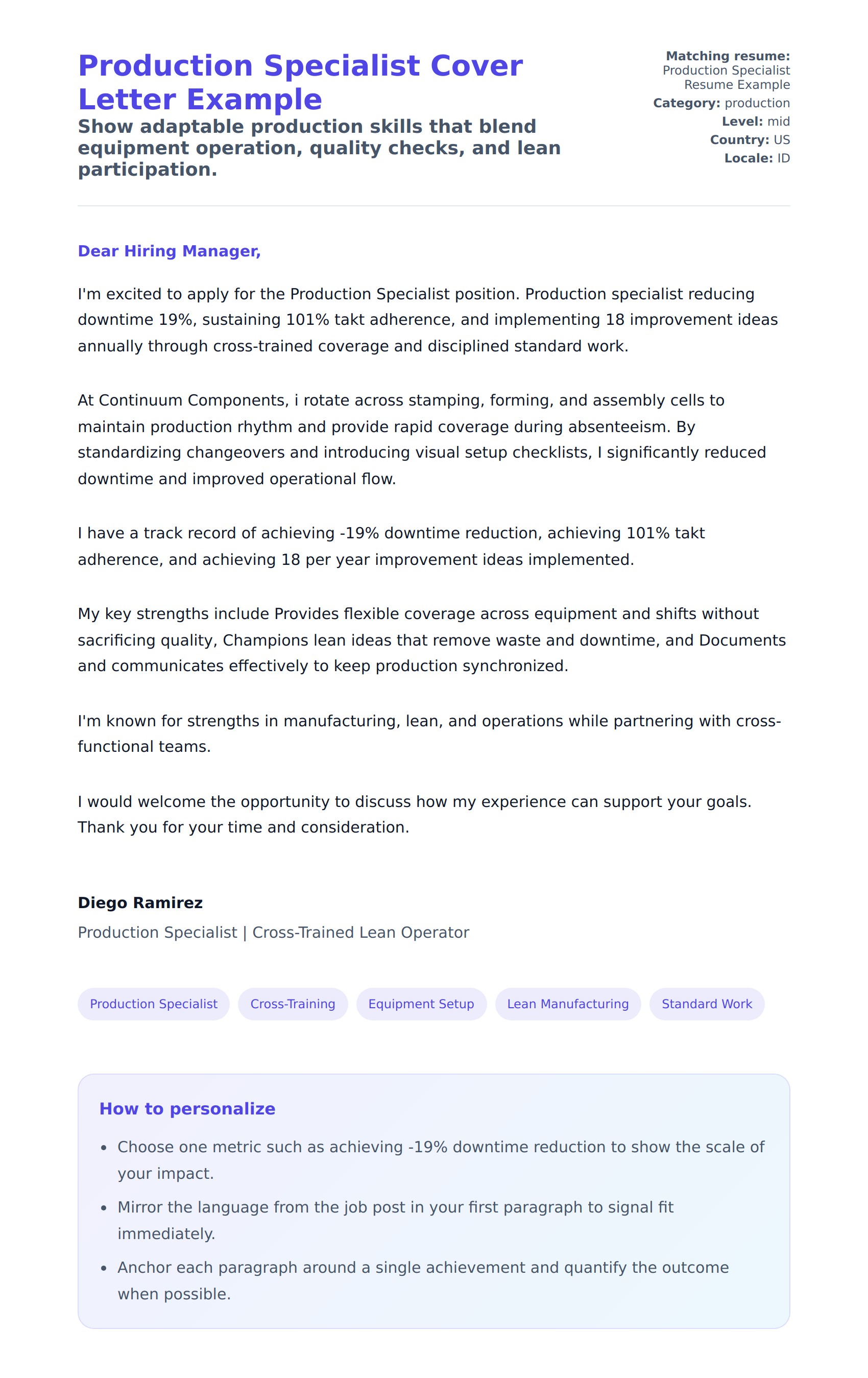 Production Specialist Cover Letter Example
