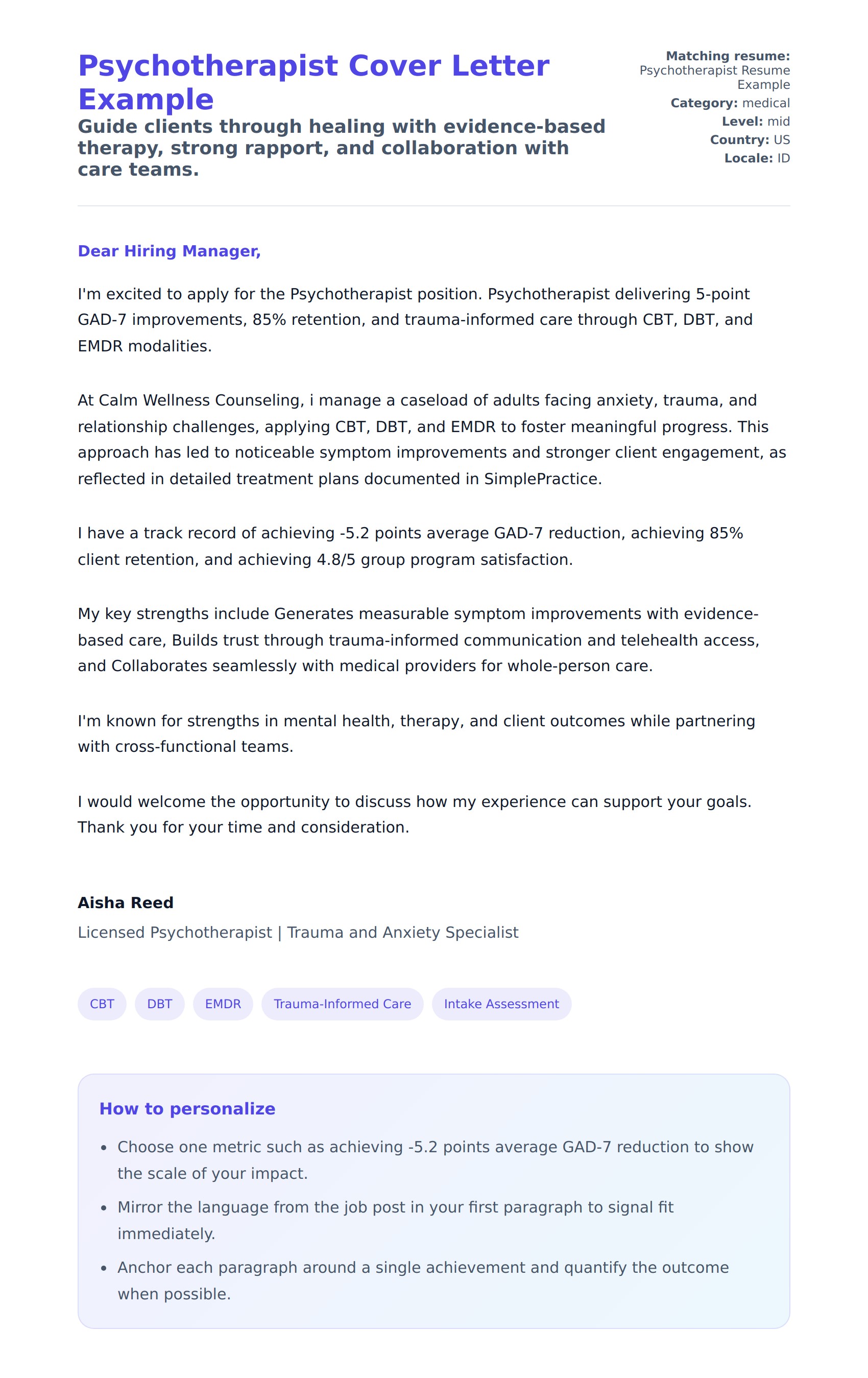 Psychotherapist Cover Letter Example