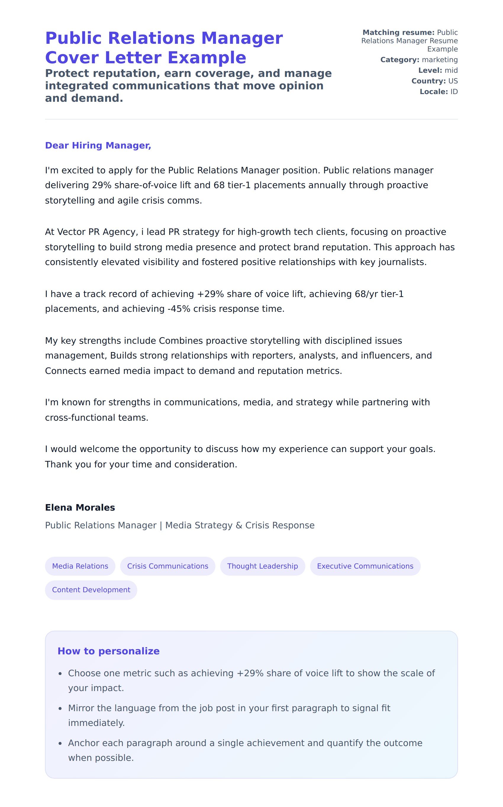 Public Relations Manager Cover Letter Example