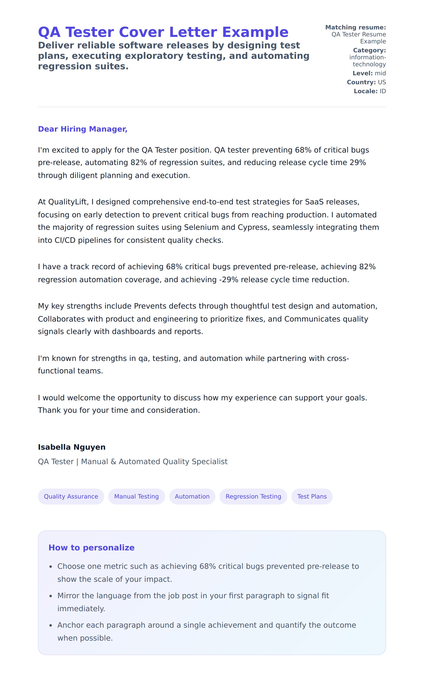 Cover Letter preview for QA Tester Cover Letter Example