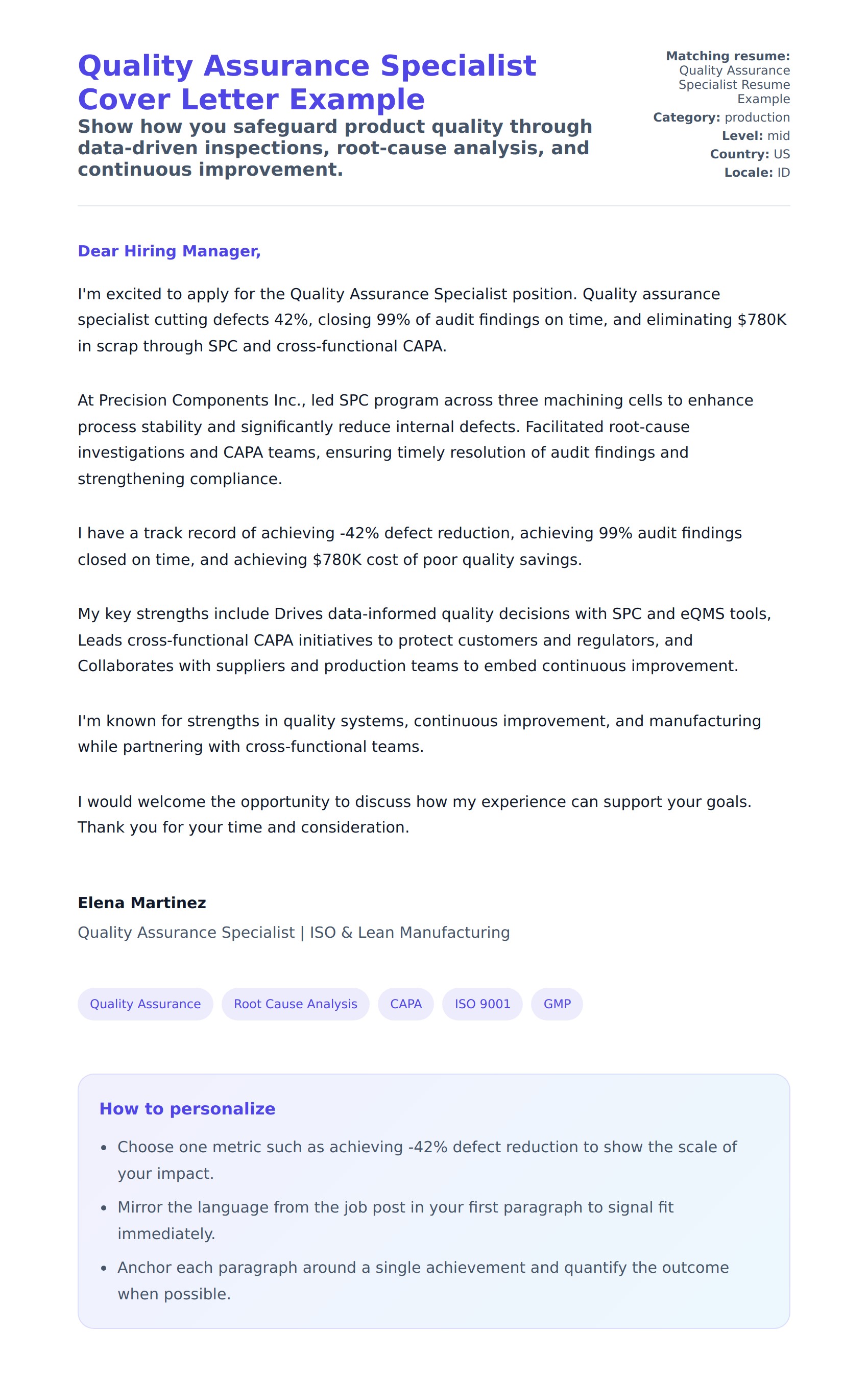 Quality Assurance Specialist Cover Letter Example