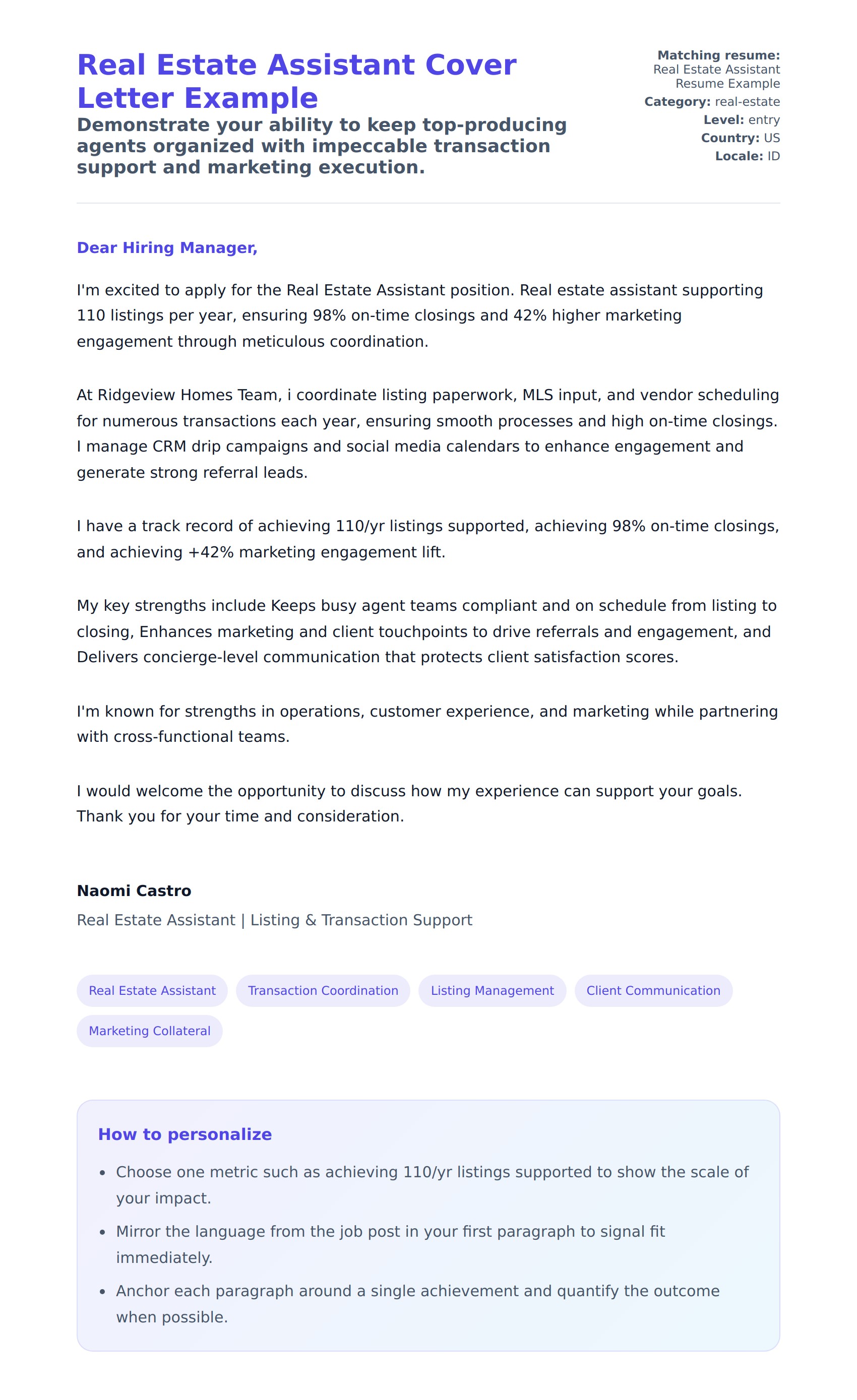 Real Estate Assistant Cover Letter Example