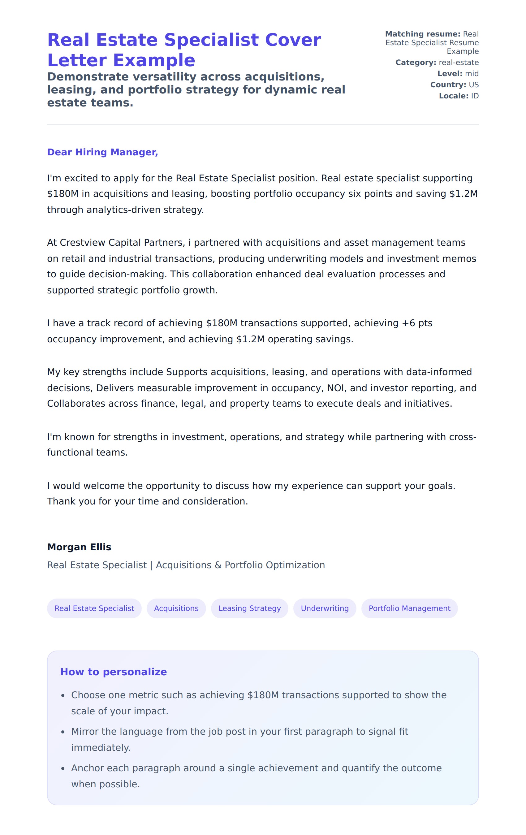 Real Estate Specialist Cover Letter Example