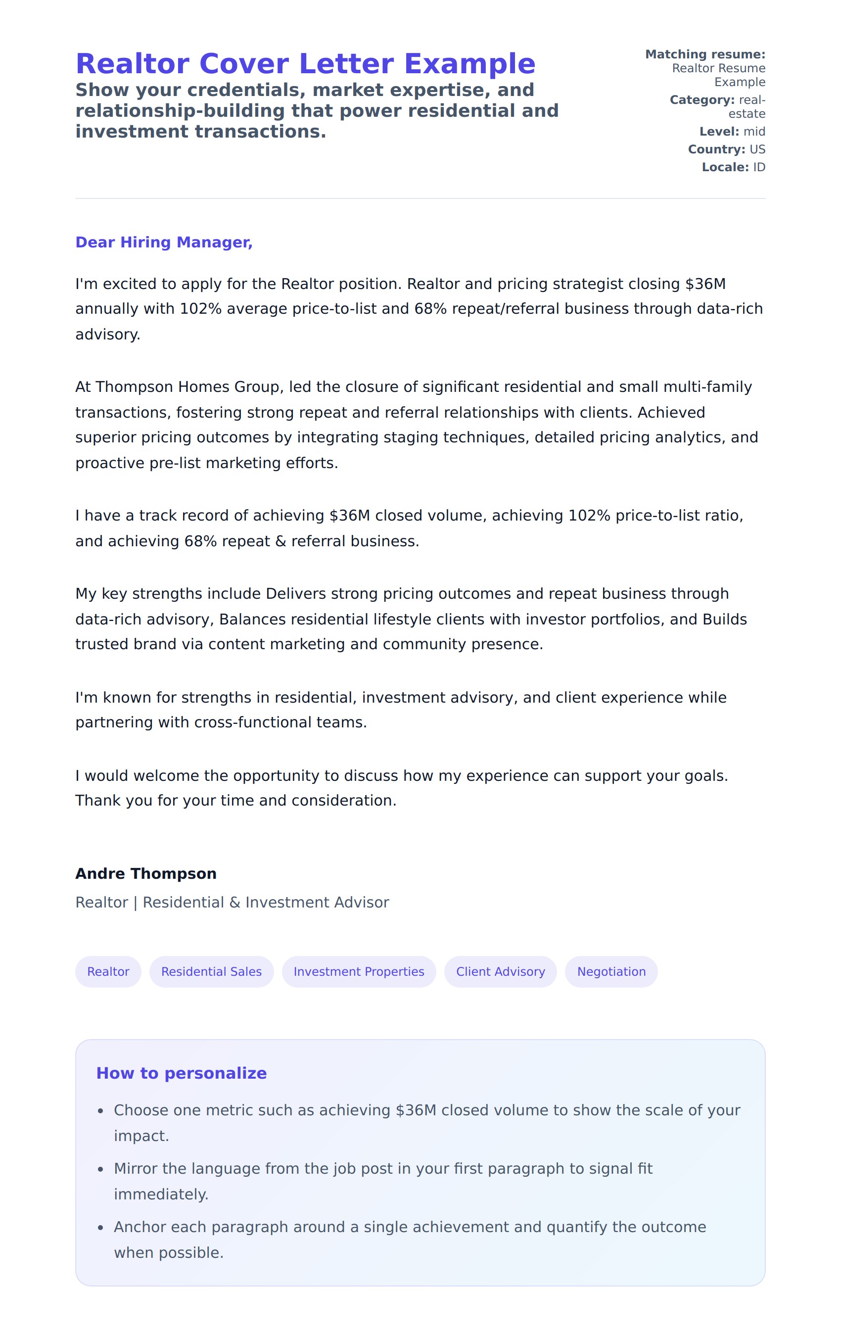 Cover Letter preview for Realtor Cover Letter Example