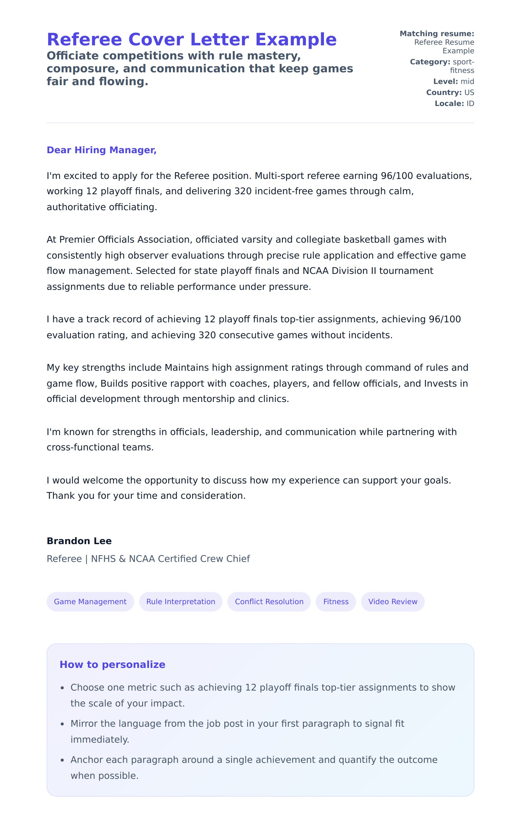 Referee Cover Letter Example