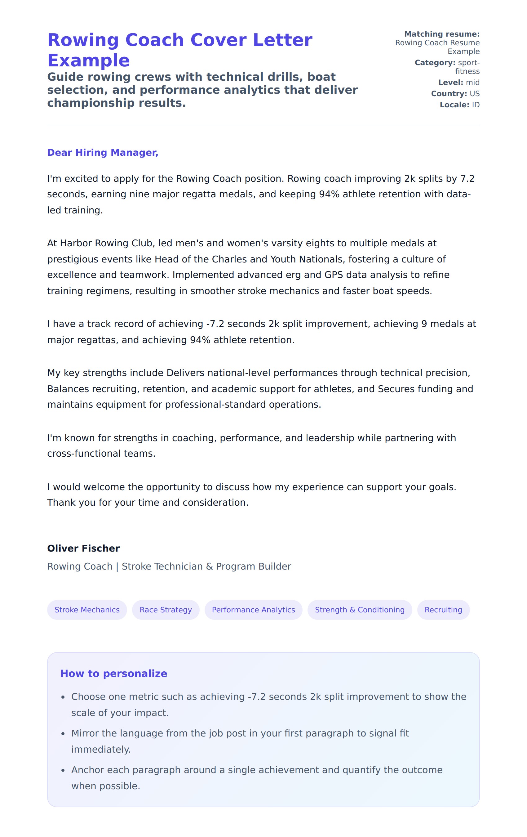 Cover Letter preview for Rowing Coach Cover Letter Example