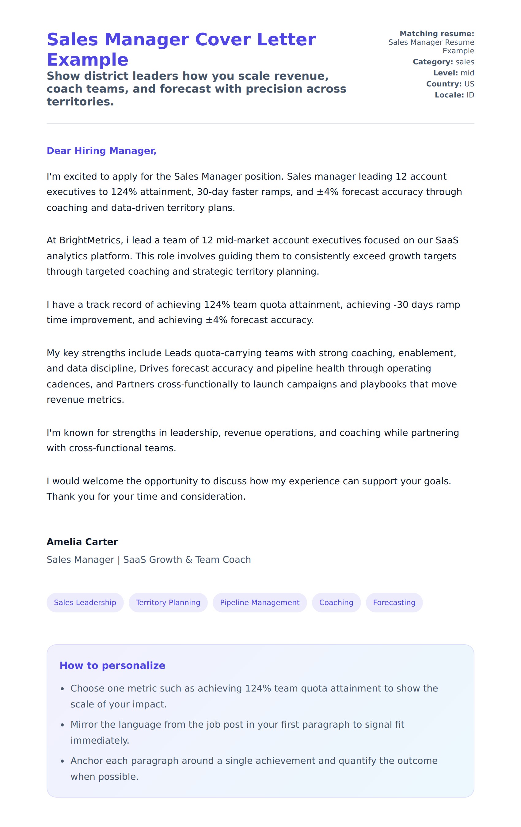 Sales Manager Cover Letter Example