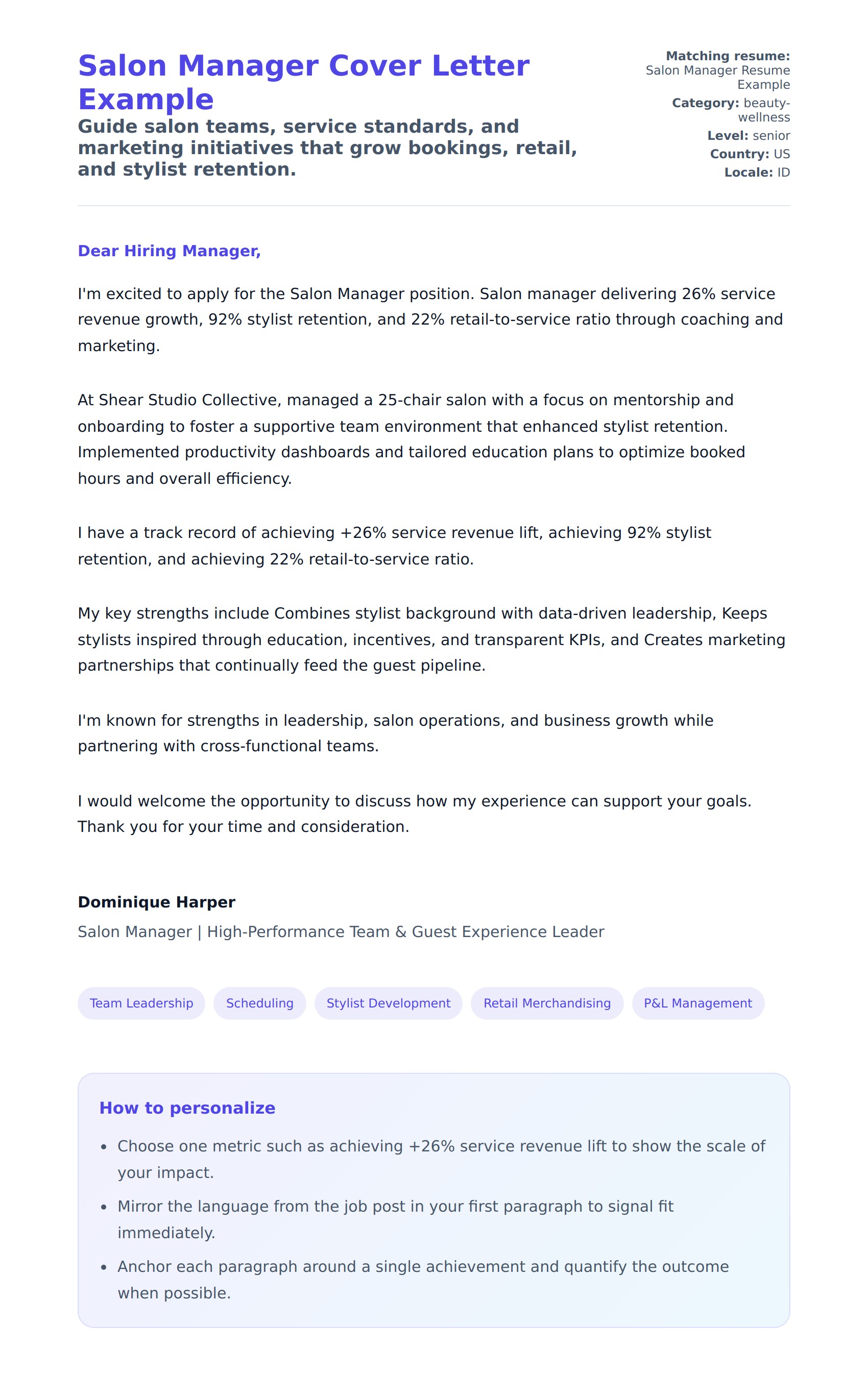 Salon Manager Cover Letter Example