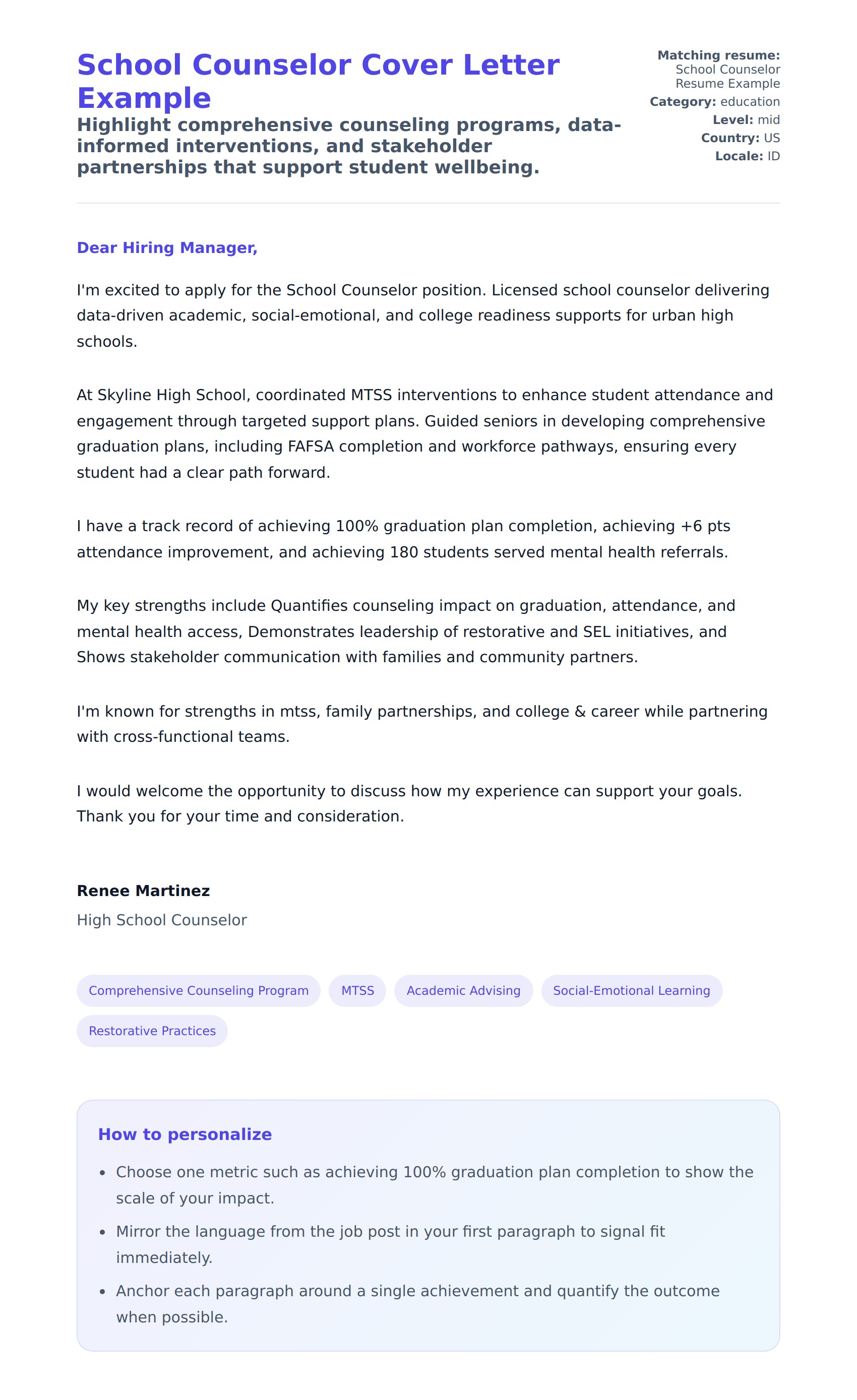 School Counselor Cover Letter Example