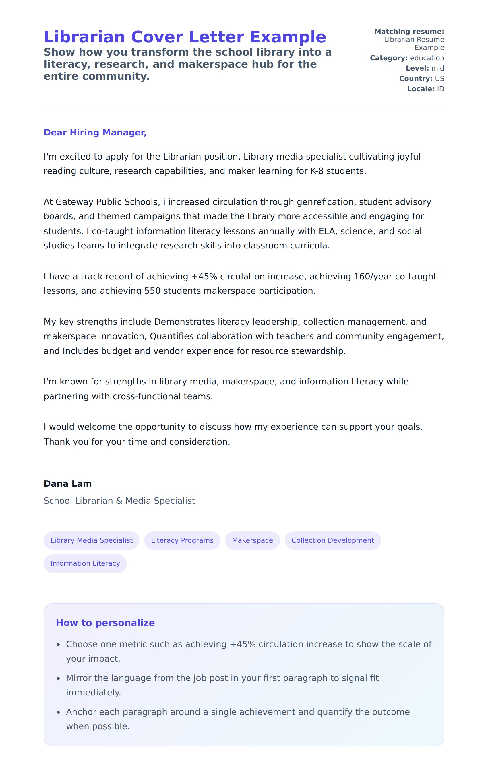 Librarian Cover Letter Example