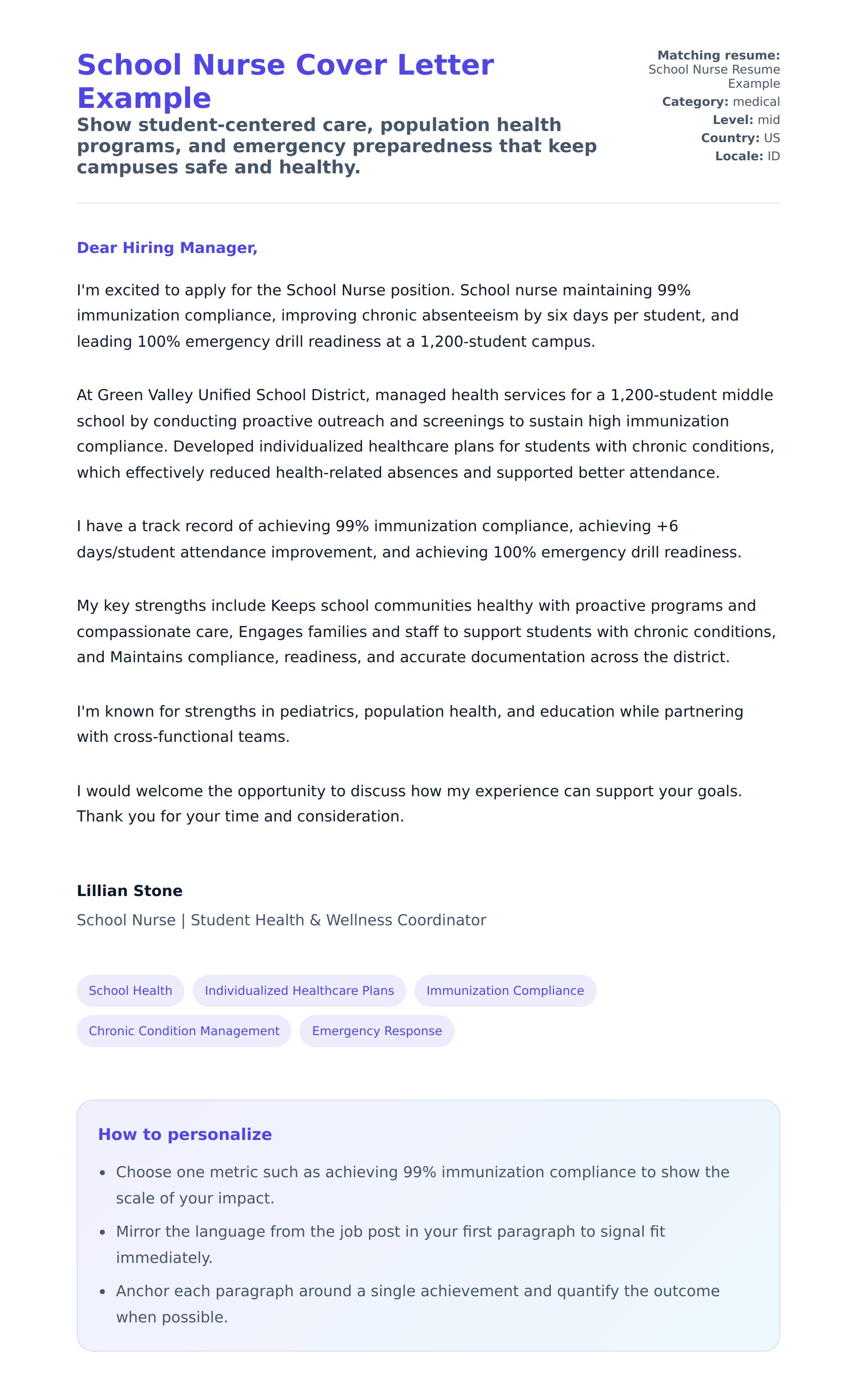 School Nurse Cover Letter Example