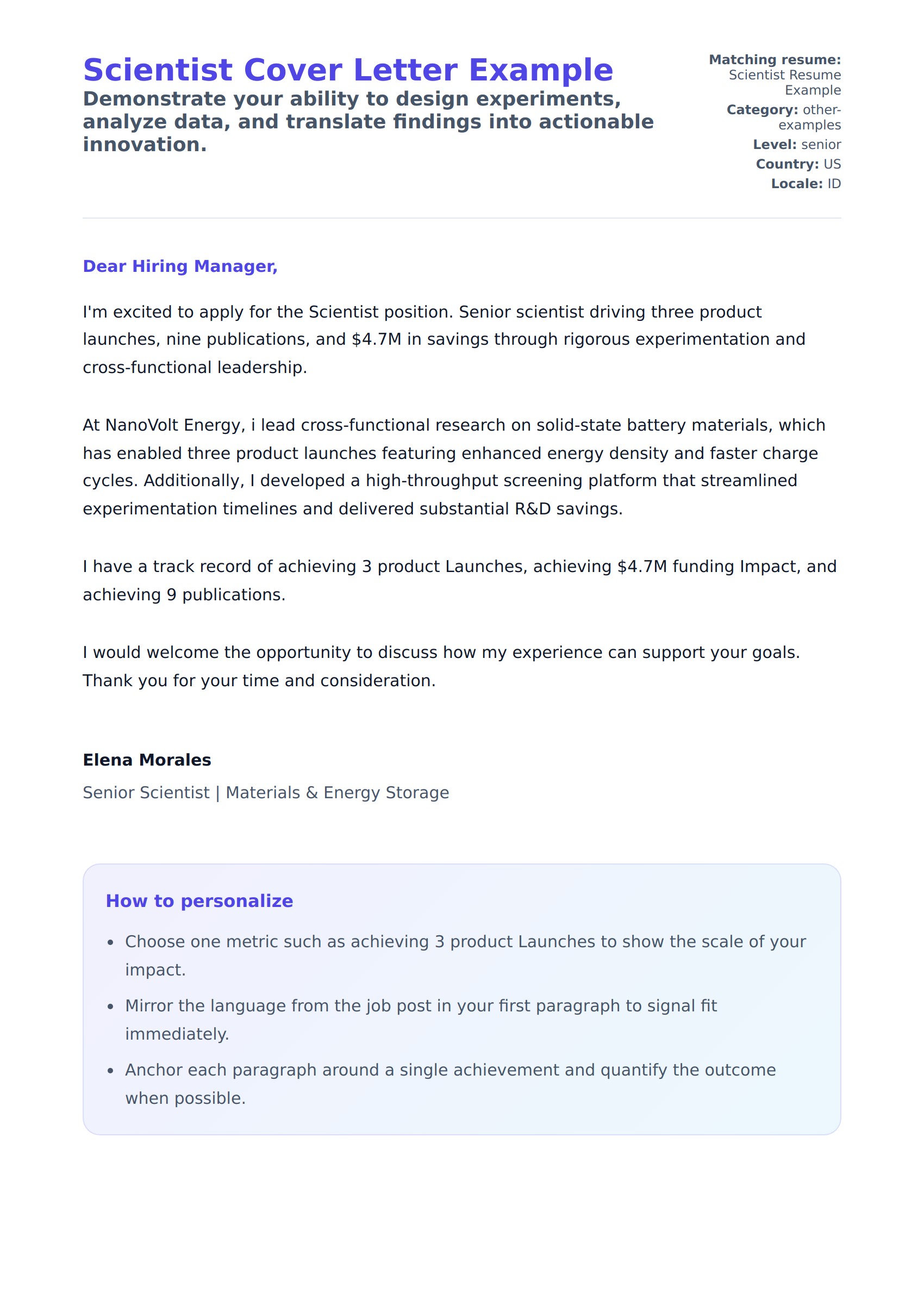 Scientist Cover Letter Example