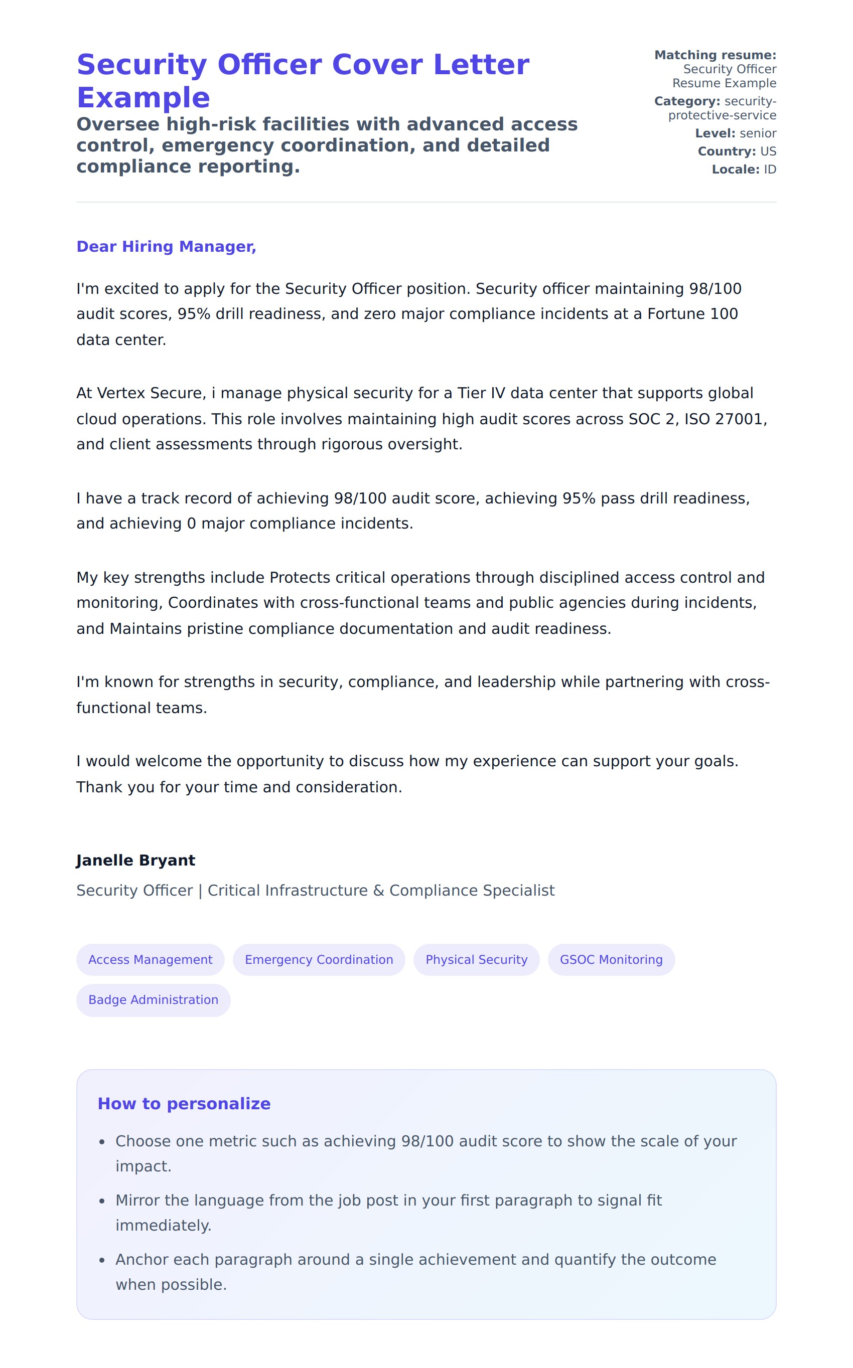 Security Officer Cover Letter Example