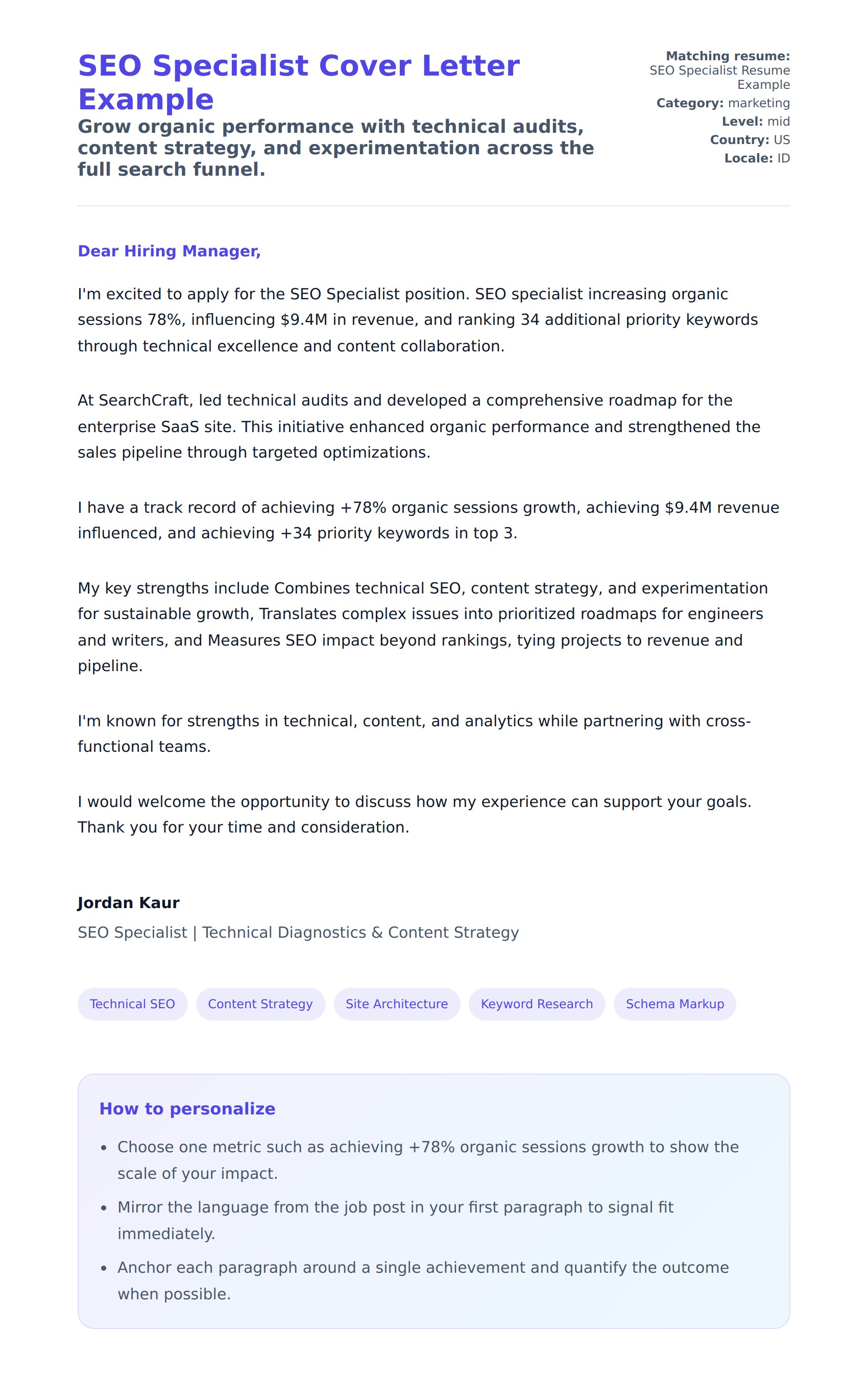 SEO Specialist Cover Letter Example