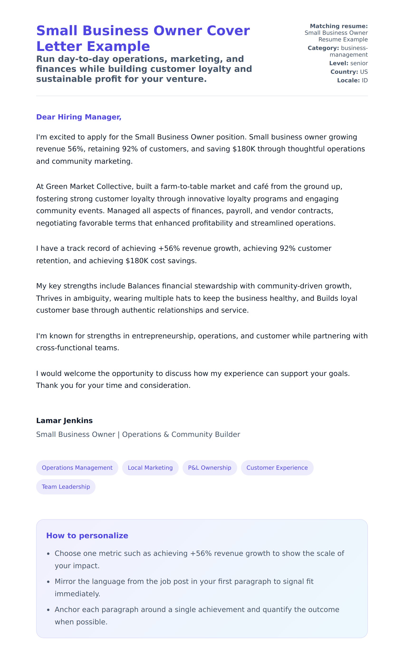 Small Business Owner Cover Letter Example