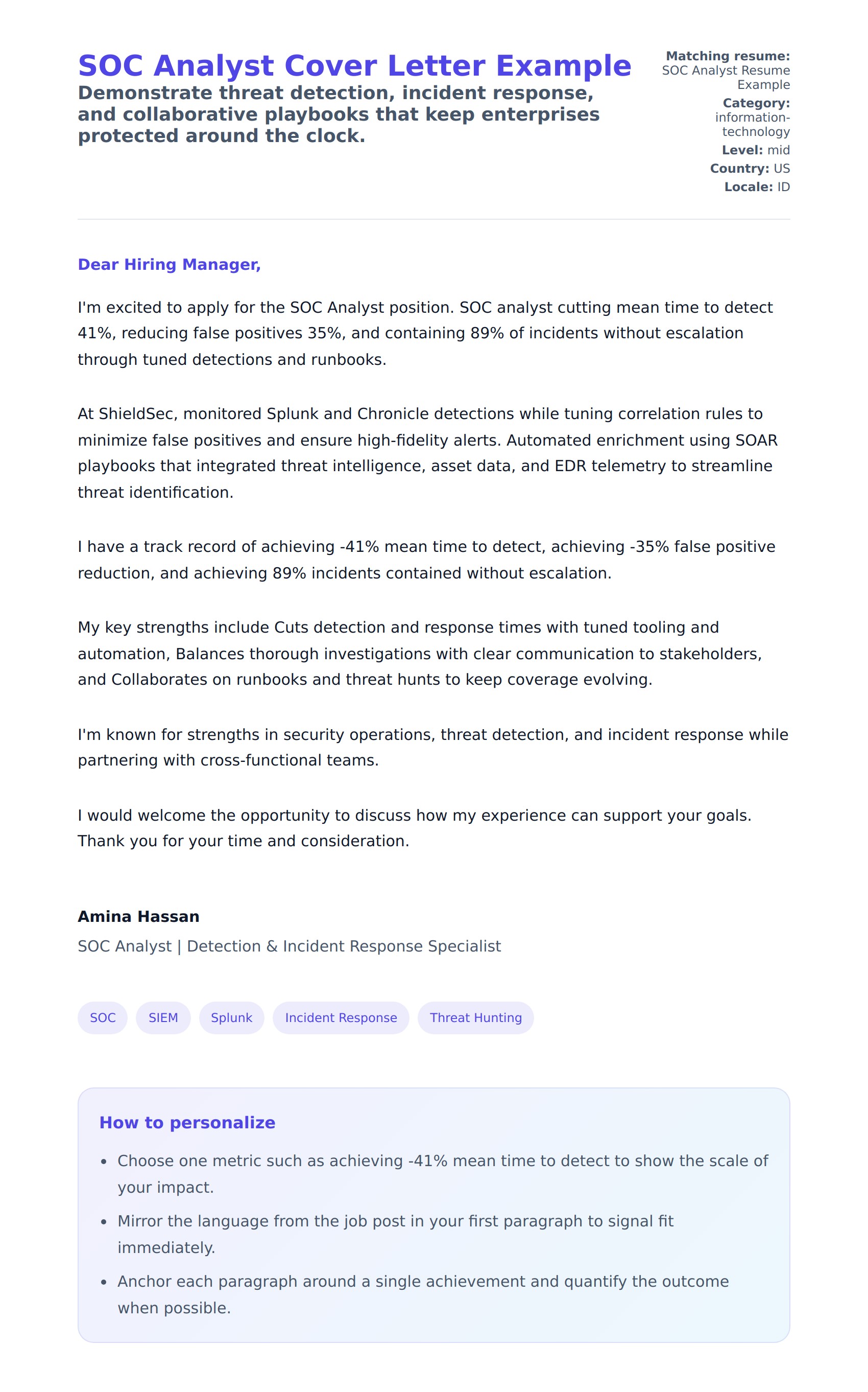 SOC Analyst Cover Letter Example