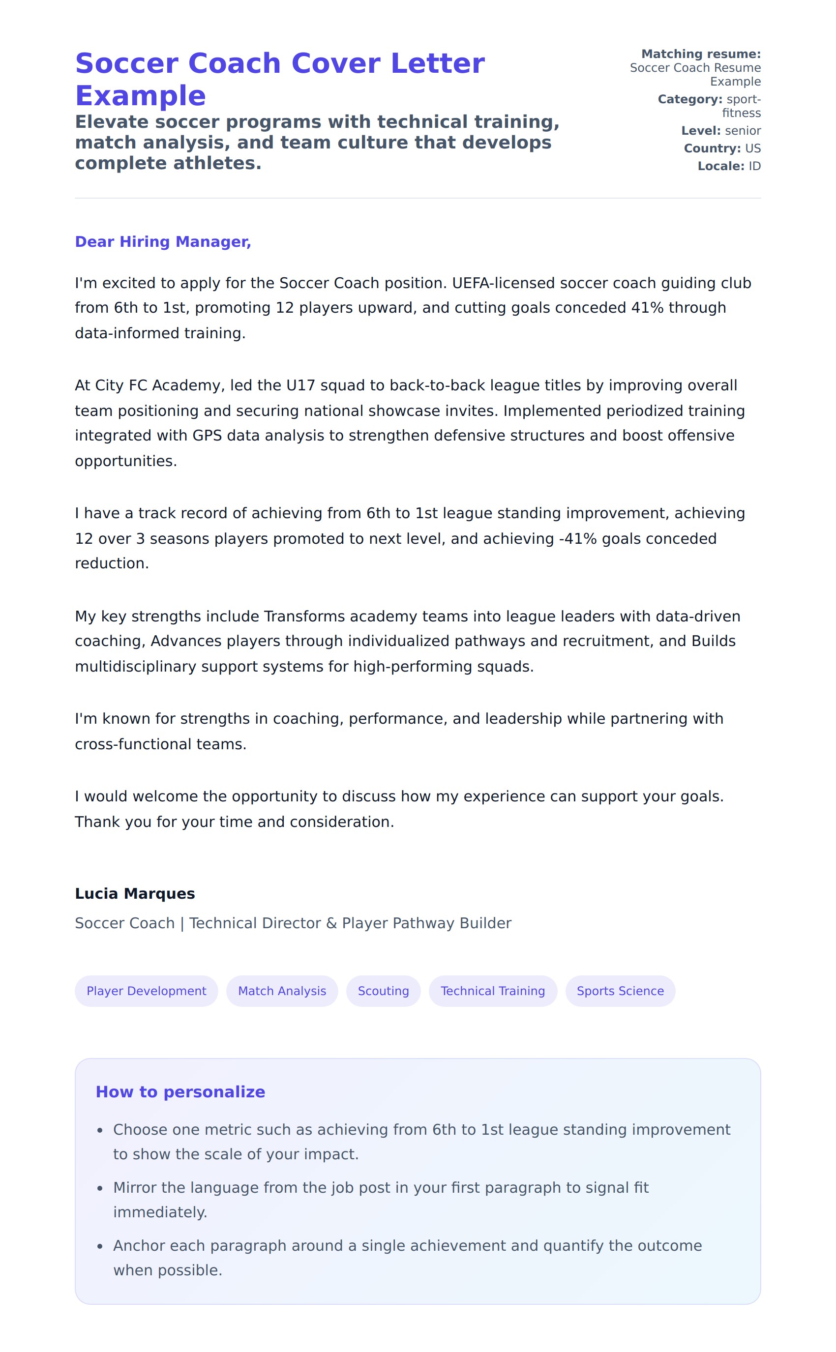 Soccer Coach Cover Letter Example