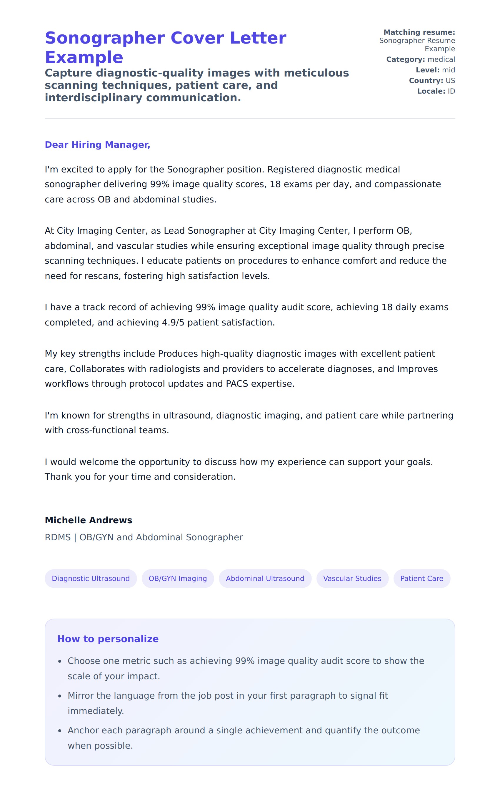 Cover Letter preview for Sonographer Cover Letter Example