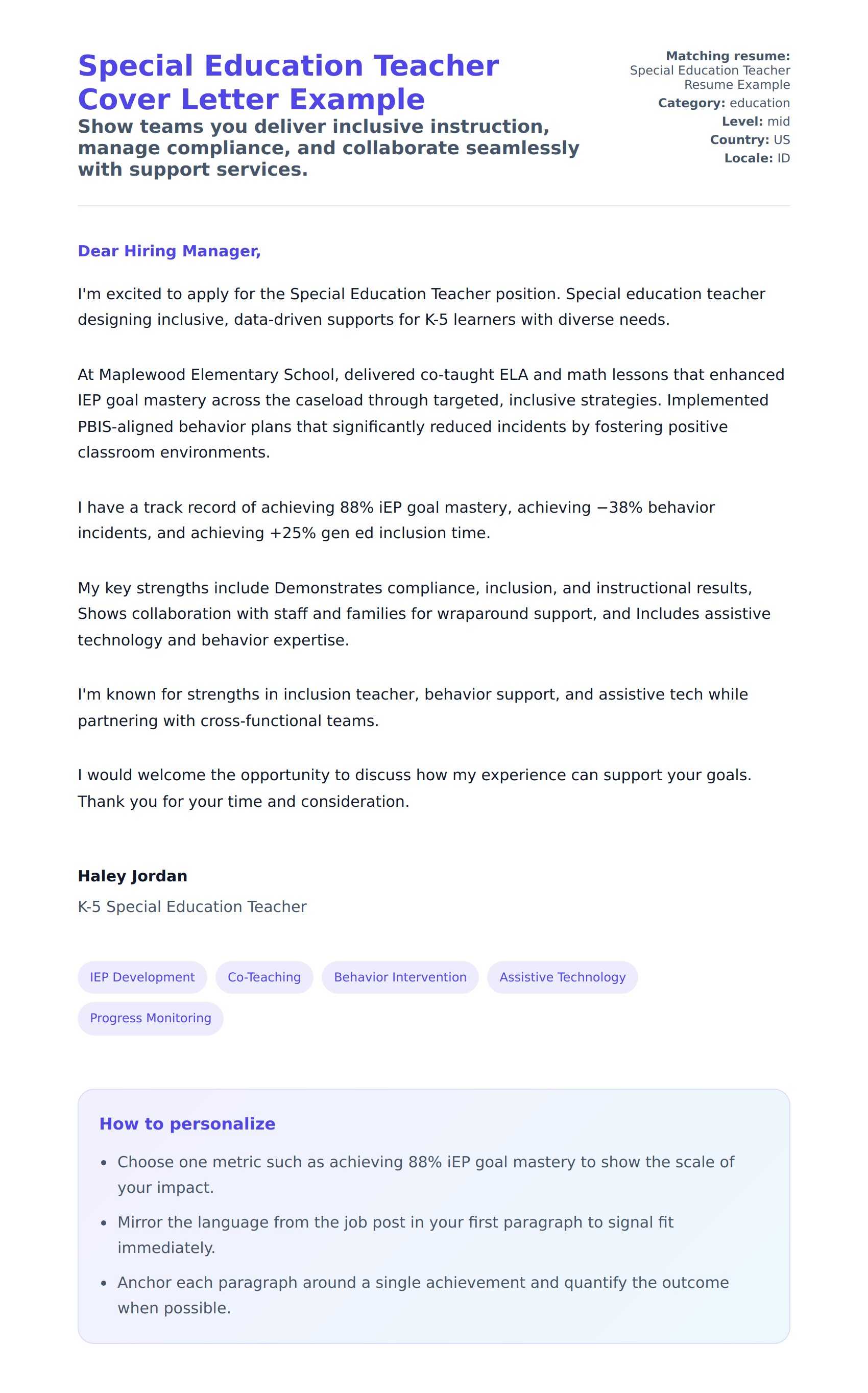 Cover Letter preview for Special Education Teacher Cover Letter Example