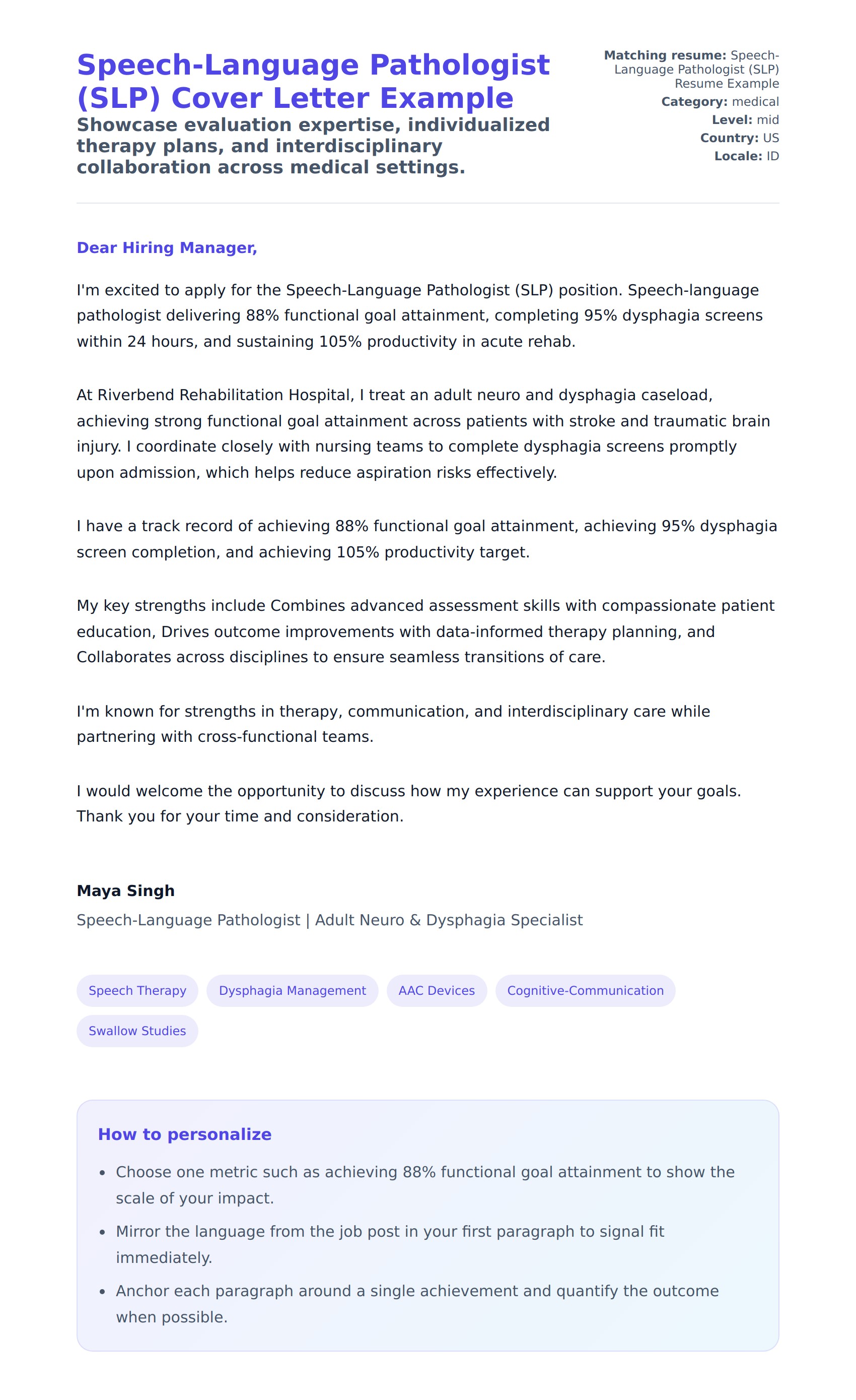 Cover Letter preview for Speech-Language Pathologist (SLP) Cover Letter Example