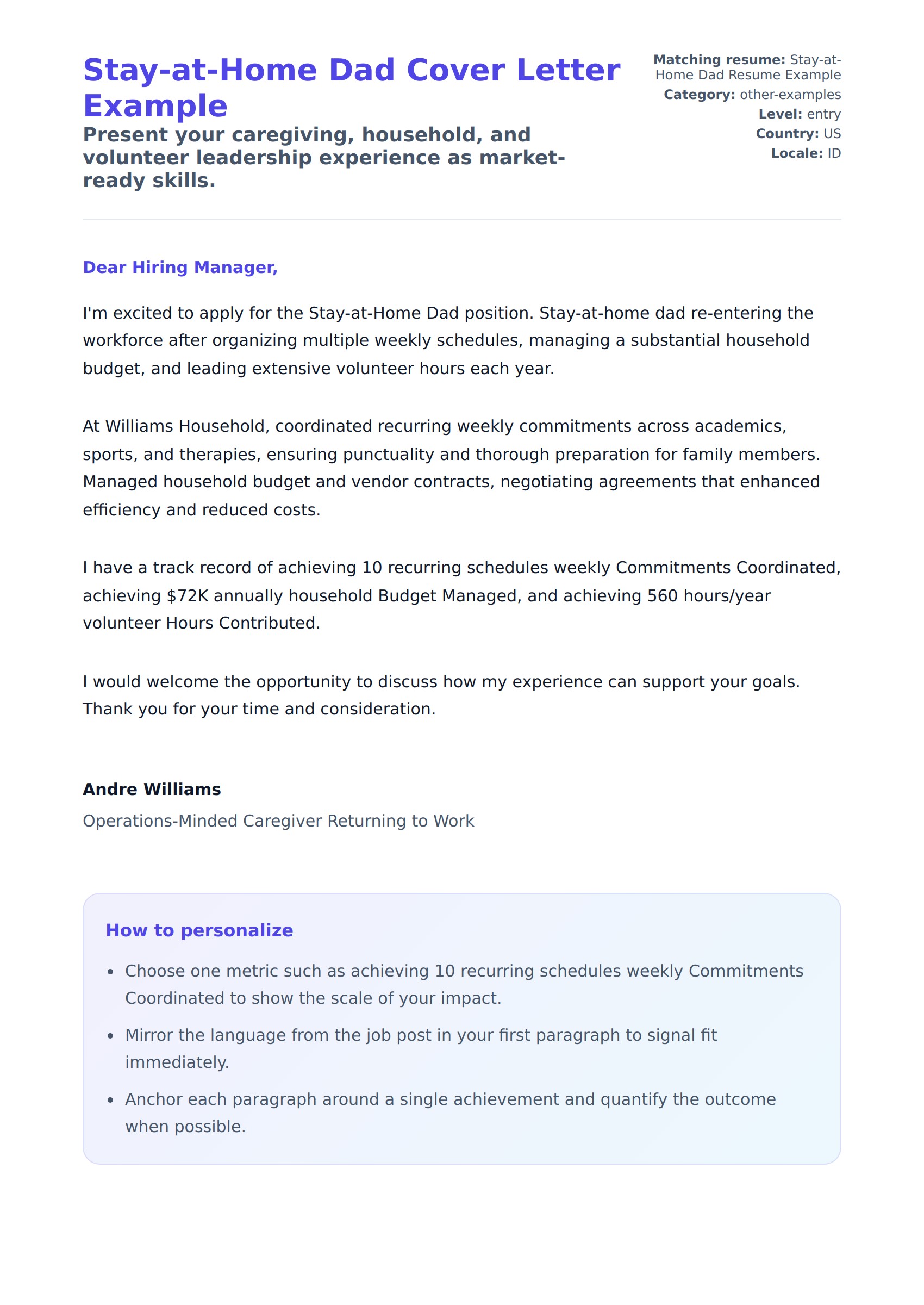 Stay-at-Home Dad Cover Letter Example