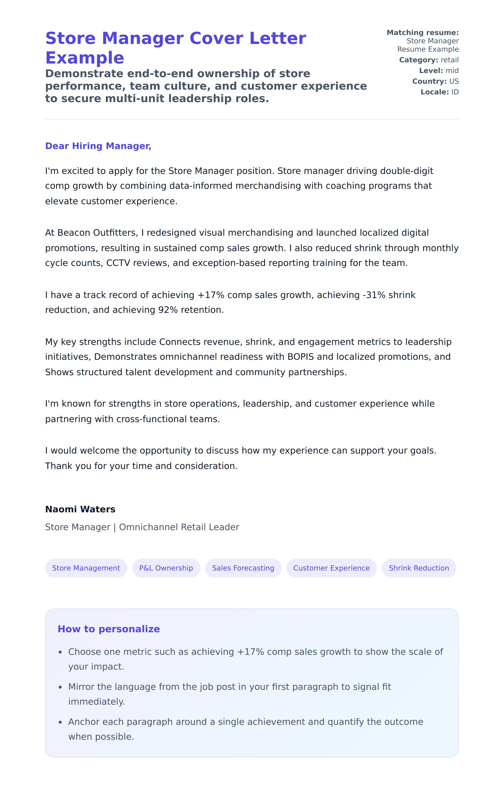 Cover Letter preview for Store Manager Cover Letter Example
