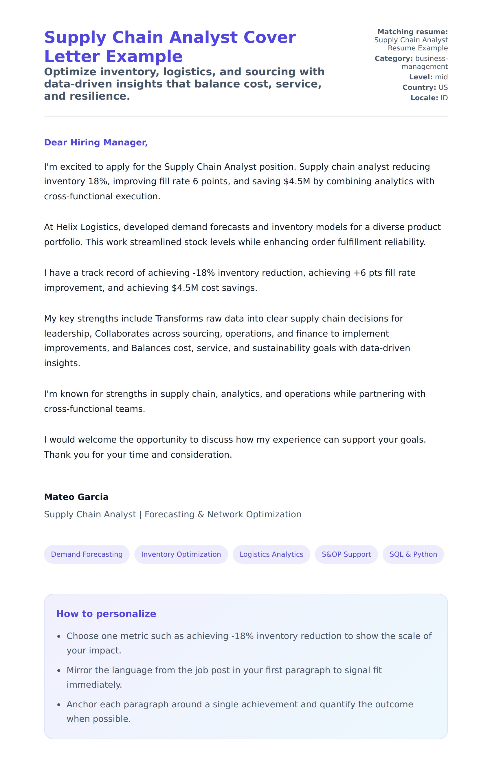 Supply Chain Analyst Cover Letter Example