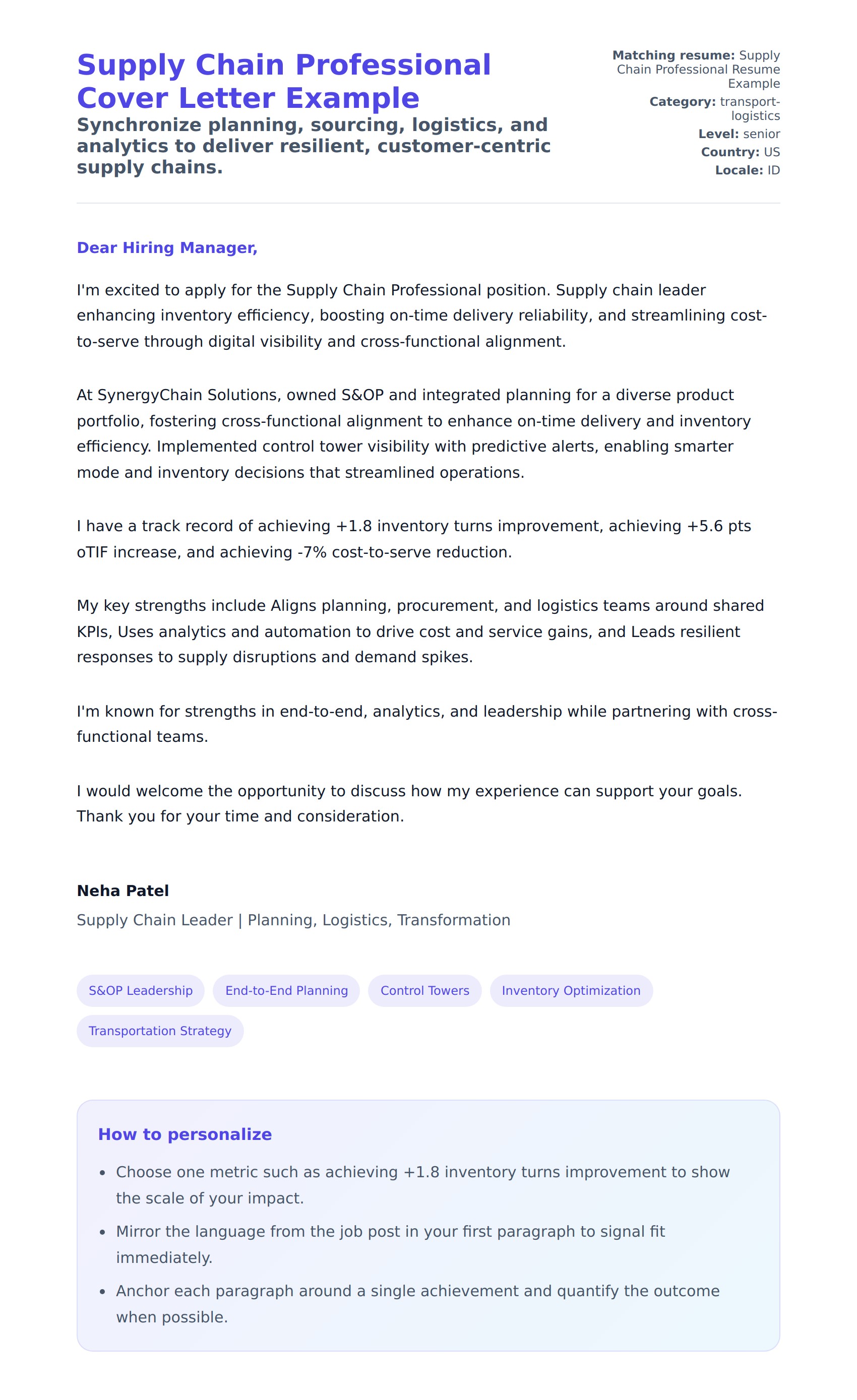 Cover Letter preview for Supply Chain Professional Cover Letter Example