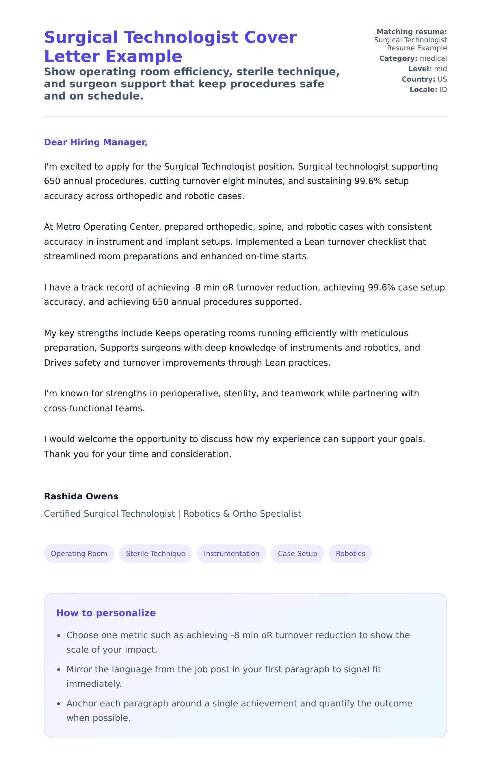Cover Letter preview for Surgical Technologist Cover Letter Example