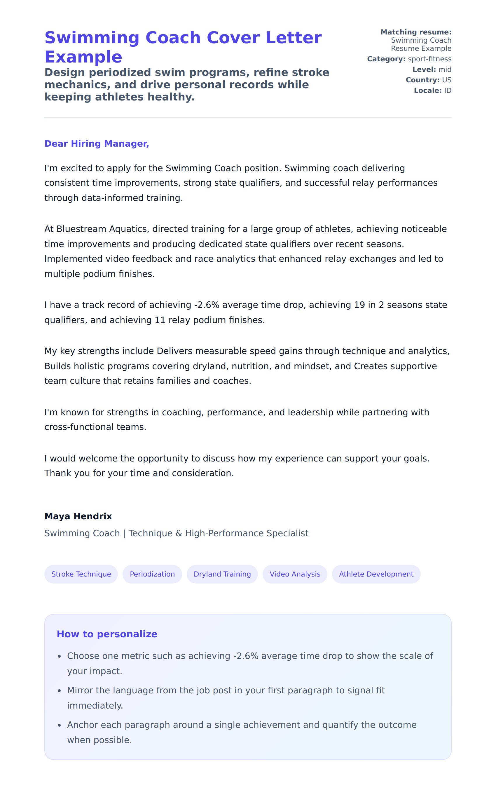 Swimming Coach Cover Letter Example