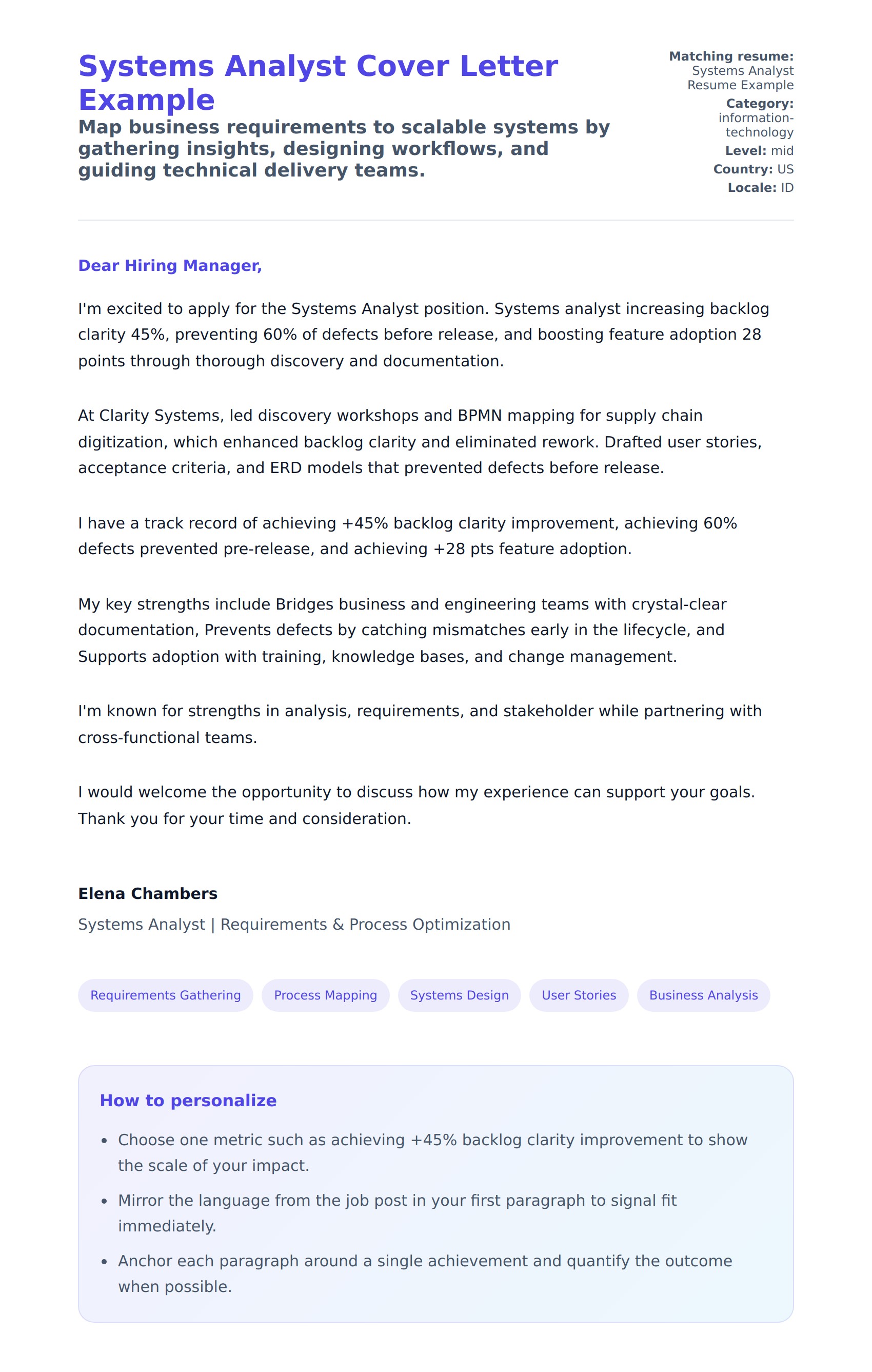 Cover Letter preview for Systems Analyst Cover Letter Example