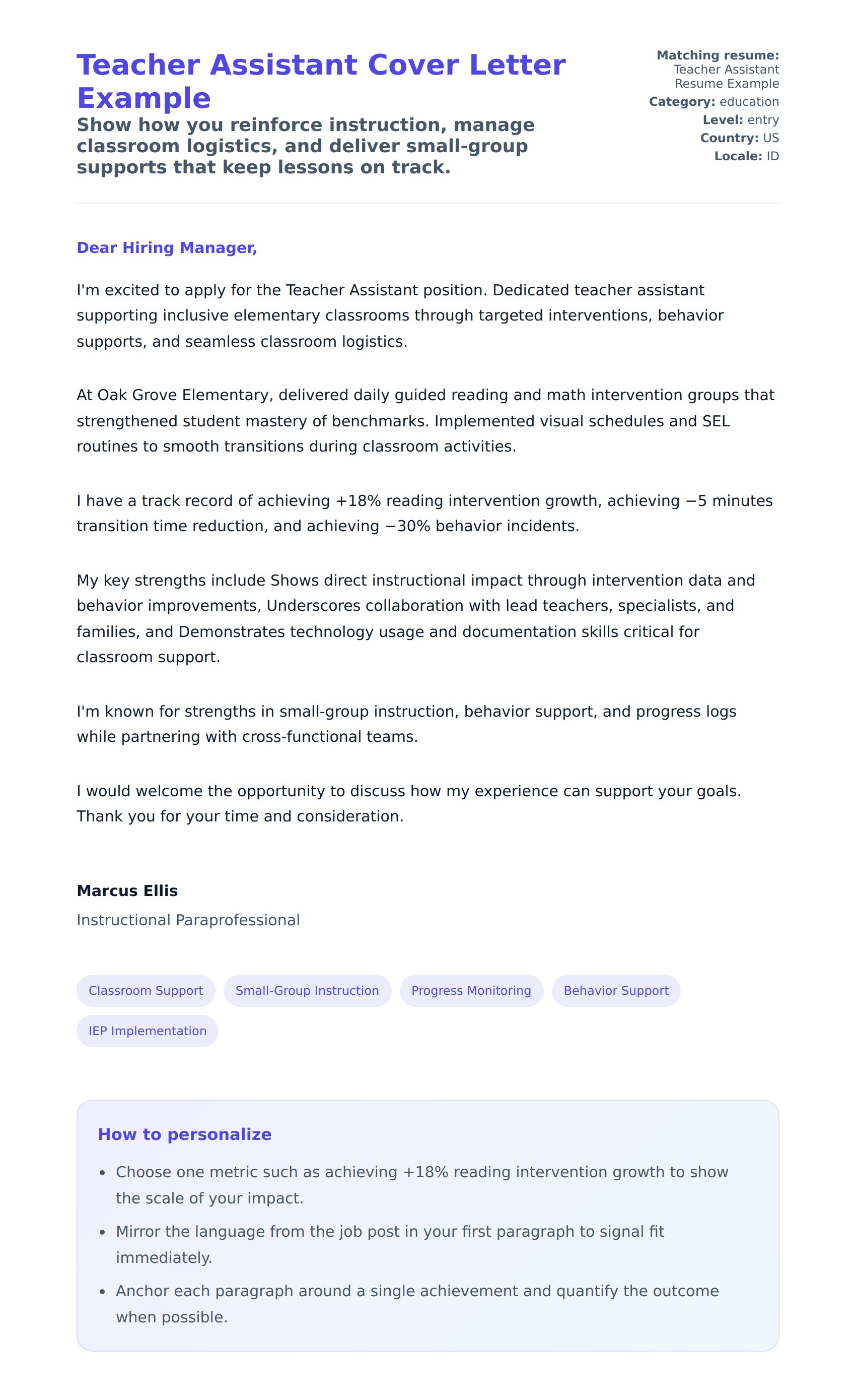 Cover Letter preview for Teacher Assistant Cover Letter Example