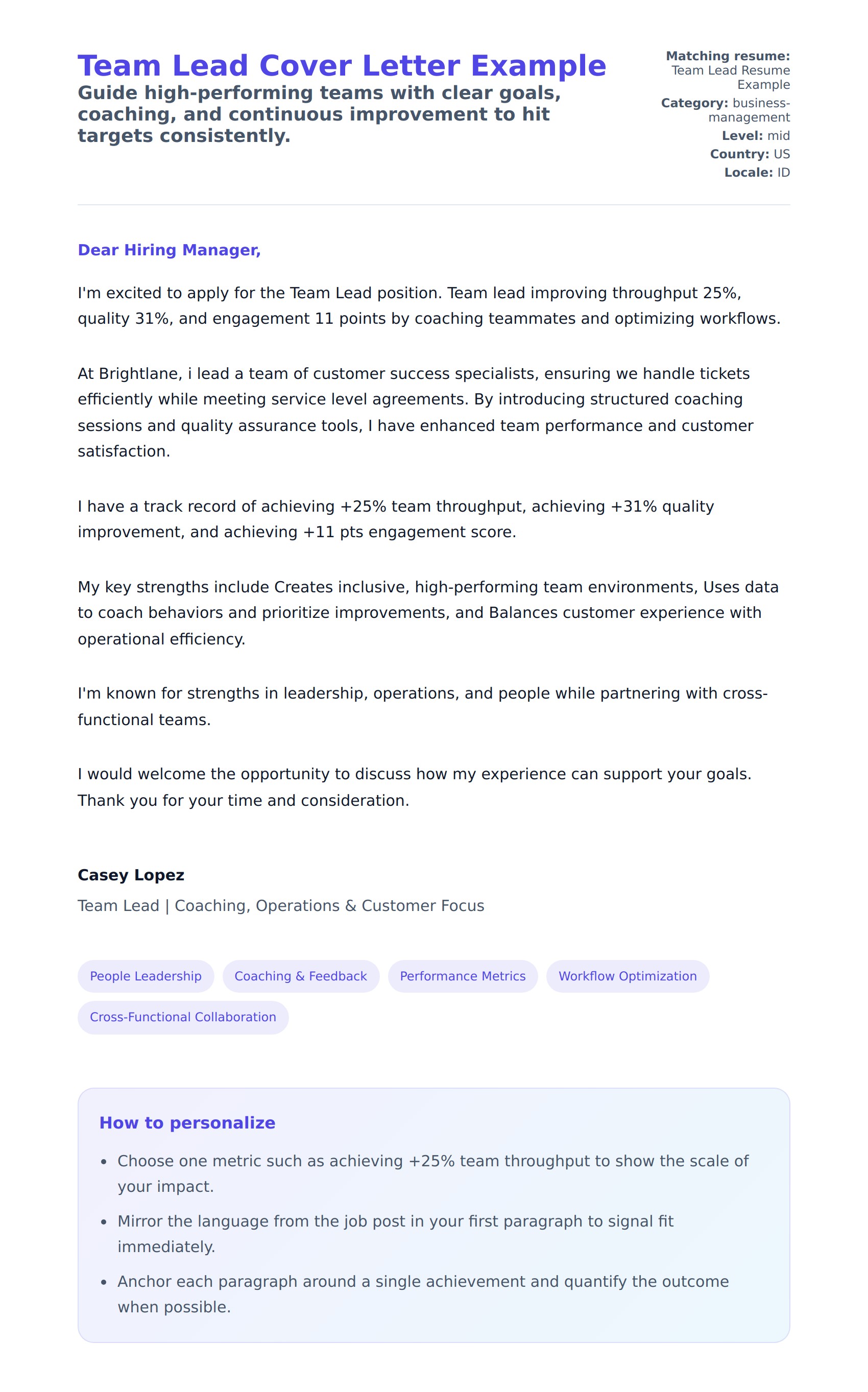 Cover Letter preview for Team Lead Cover Letter Example