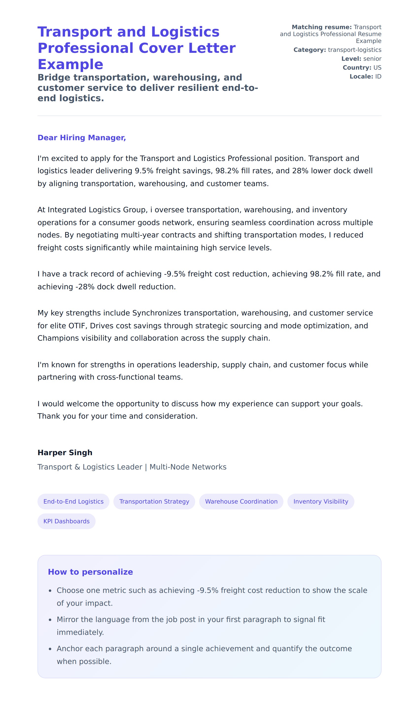 Transport and Logistics Professional Cover Letter Example
