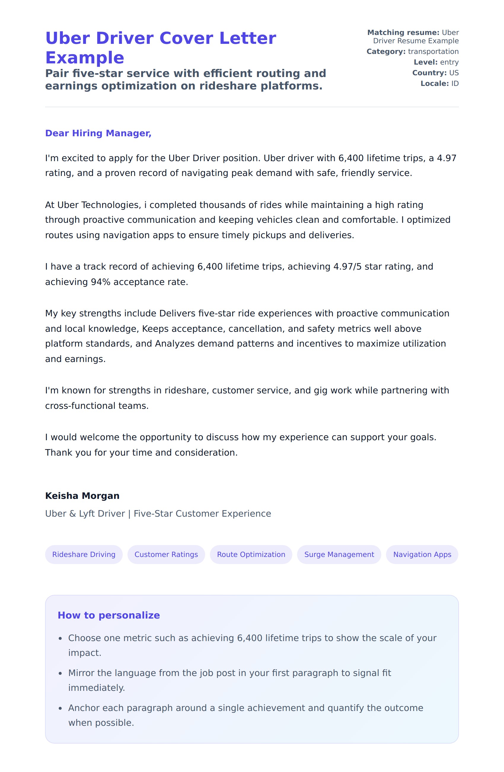 Cover Letter preview for Uber Driver Cover Letter Example