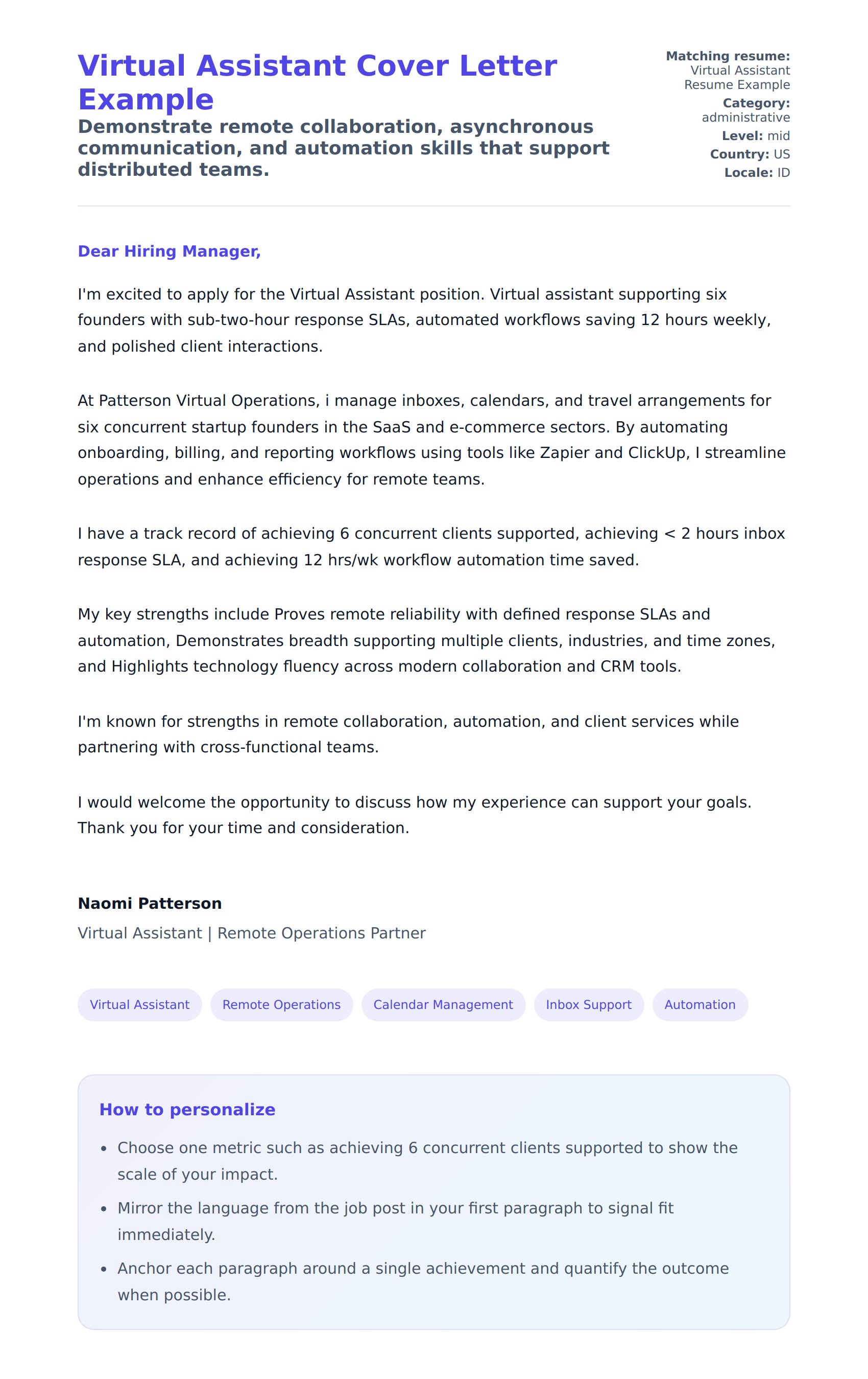 Cover Letter preview for Virtual Assistant Cover Letter Example