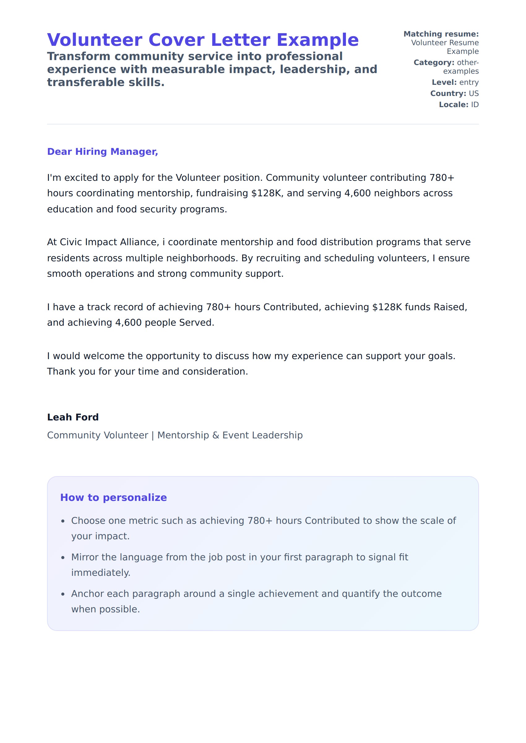 Cover Letter preview for Volunteer Cover Letter Example