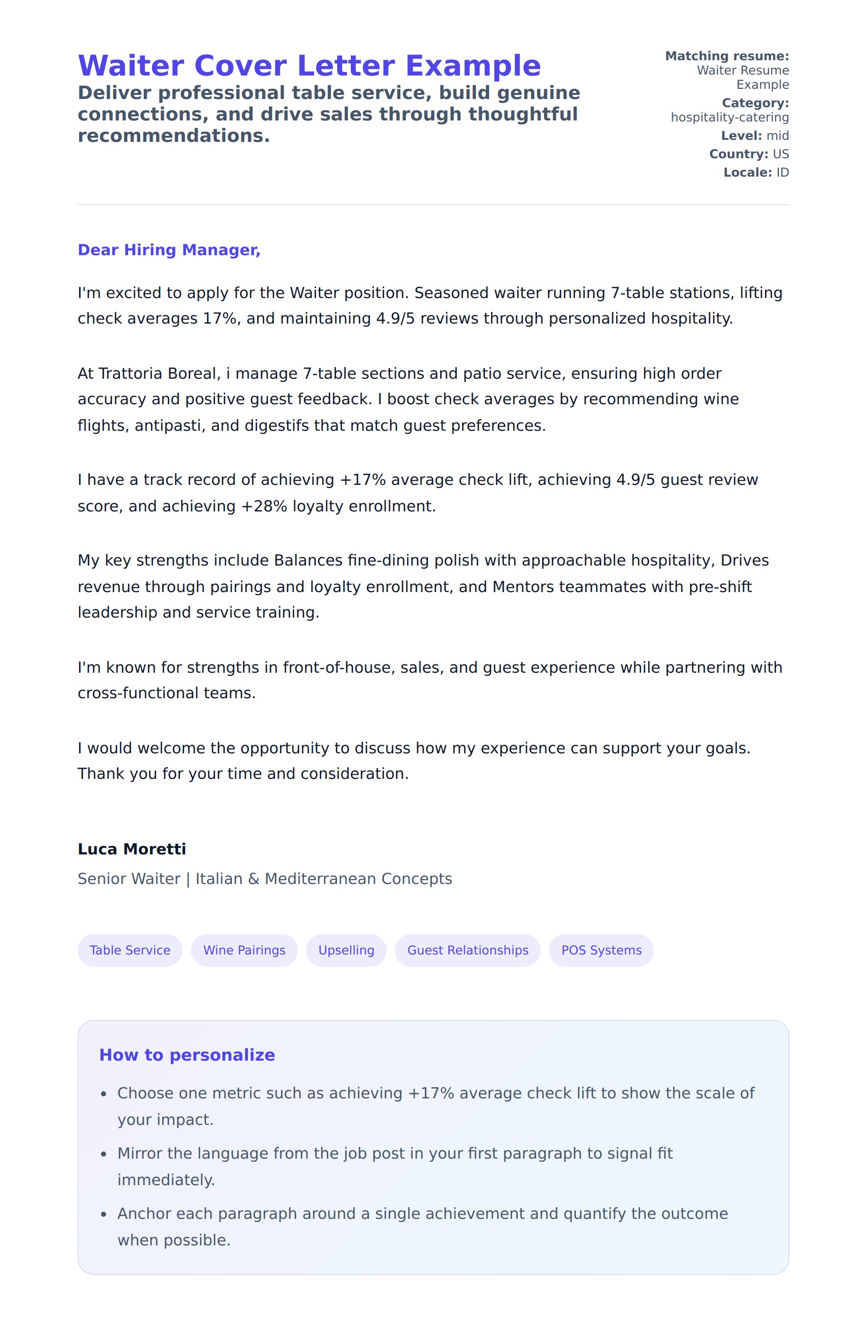 Cover Letter preview for Waiter Cover Letter Example