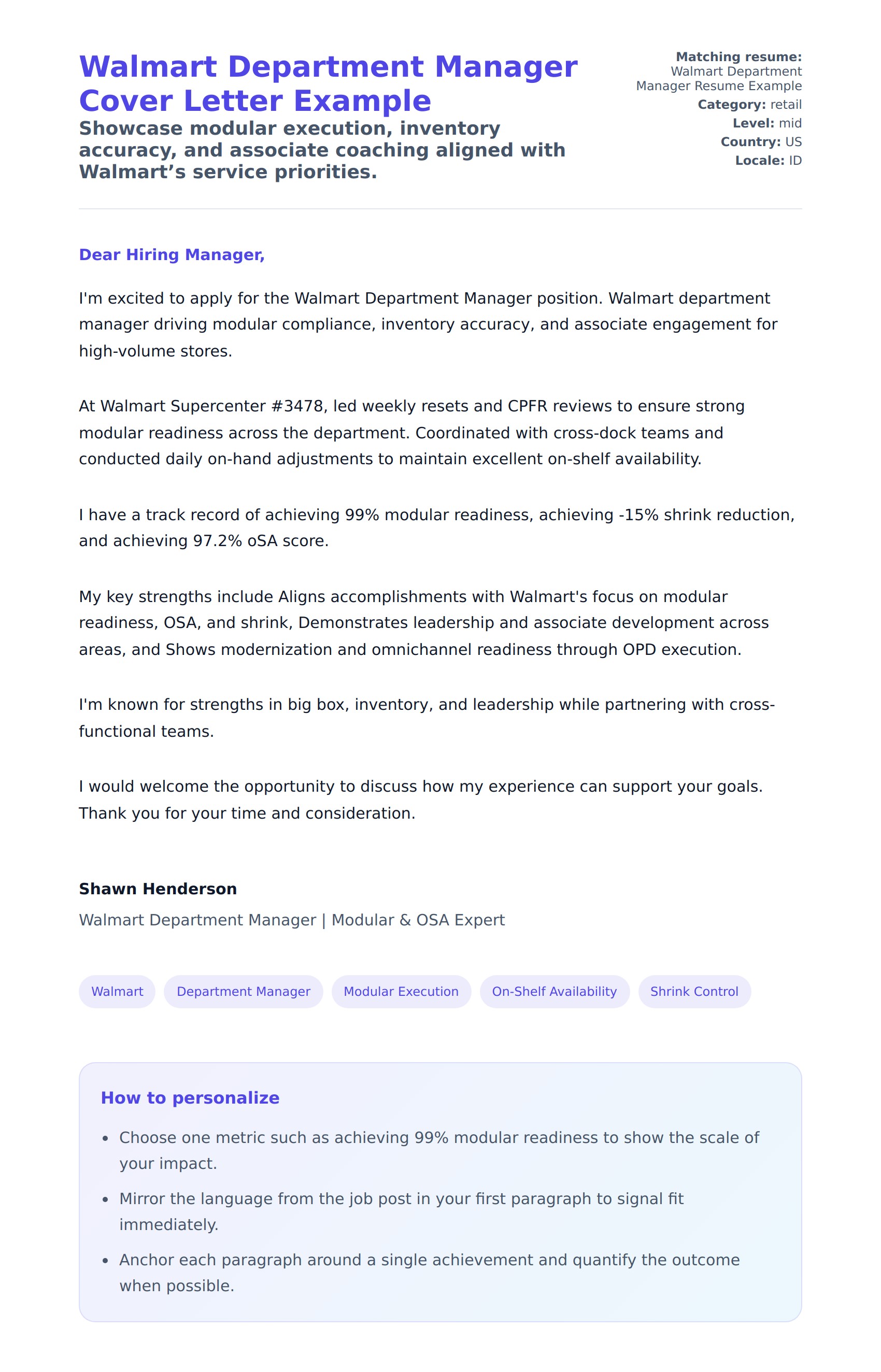 Walmart Department Manager Cover Letter Example