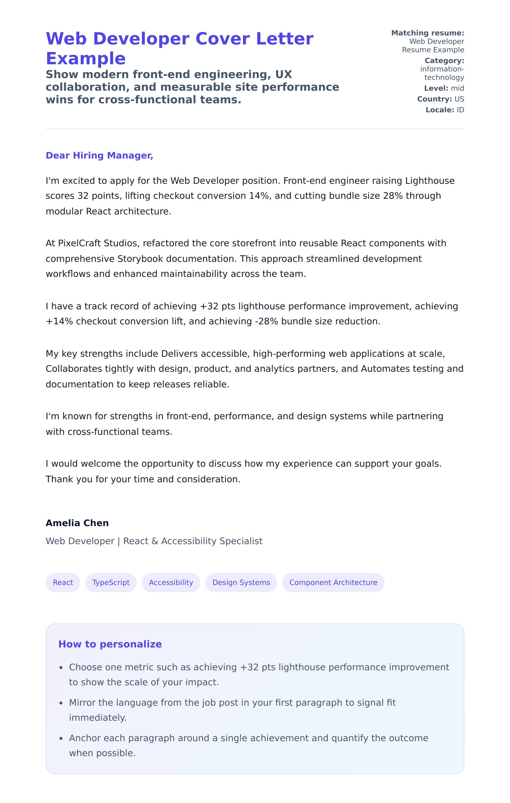 Cover Letter preview for Web Developer Cover Letter Example