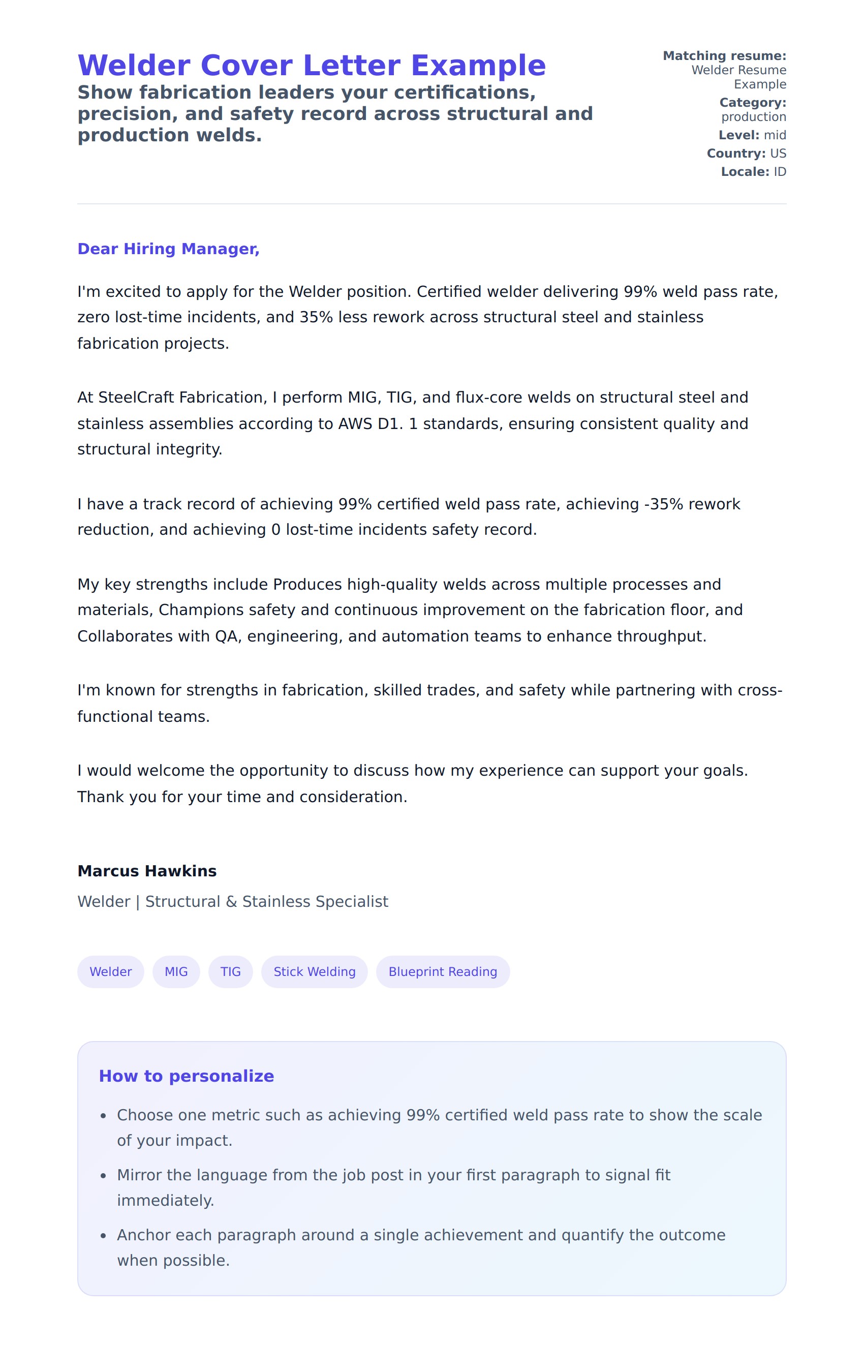Welder Cover Letter Example