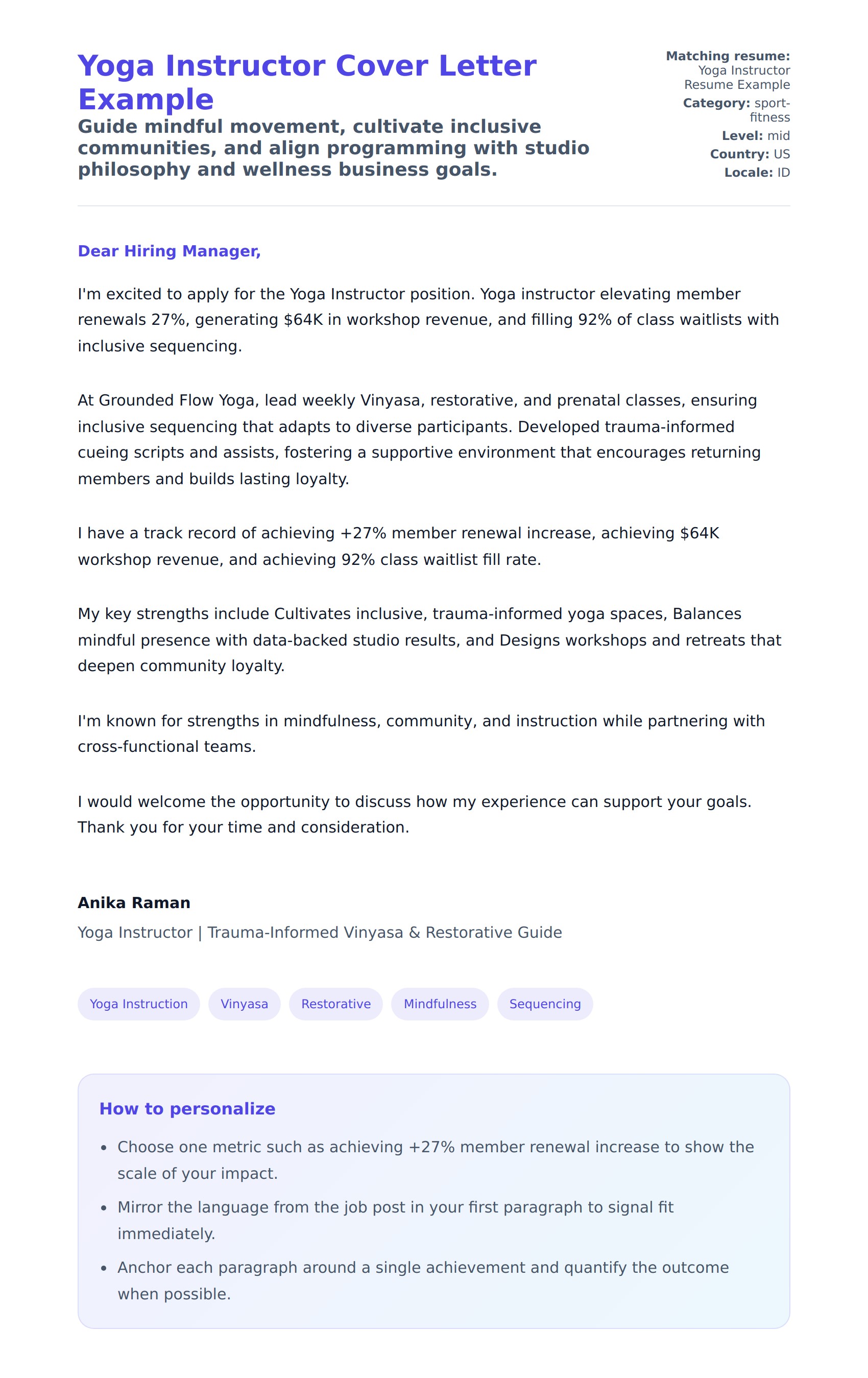 Yoga Instructor Cover Letter Example