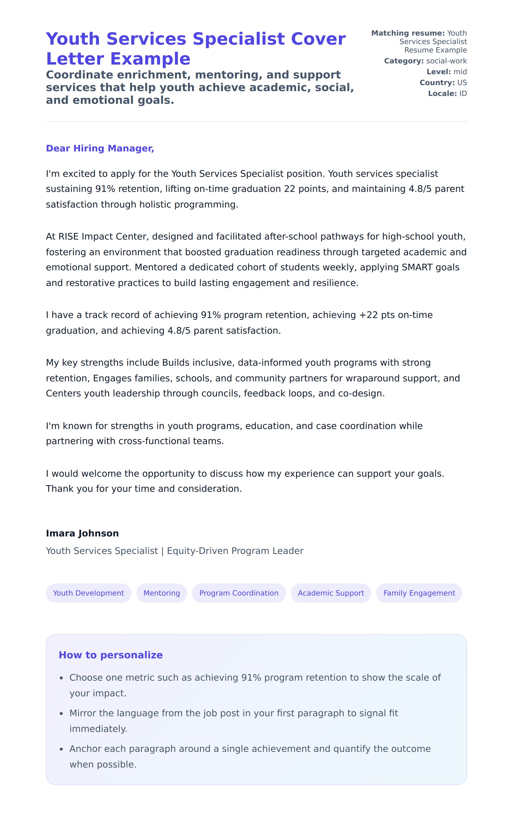 Youth Services Specialist Cover Letter Example