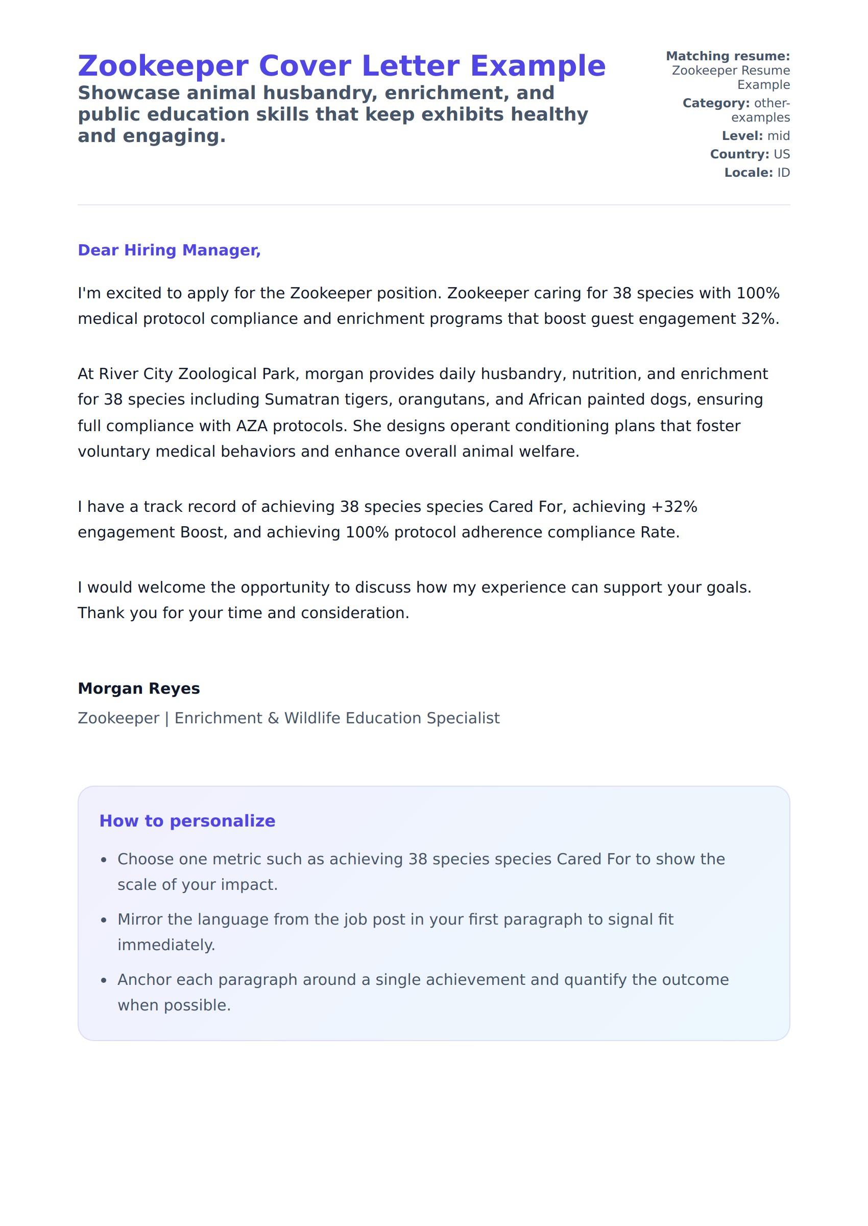 Cover Letter preview for Zookeeper Cover Letter Example
