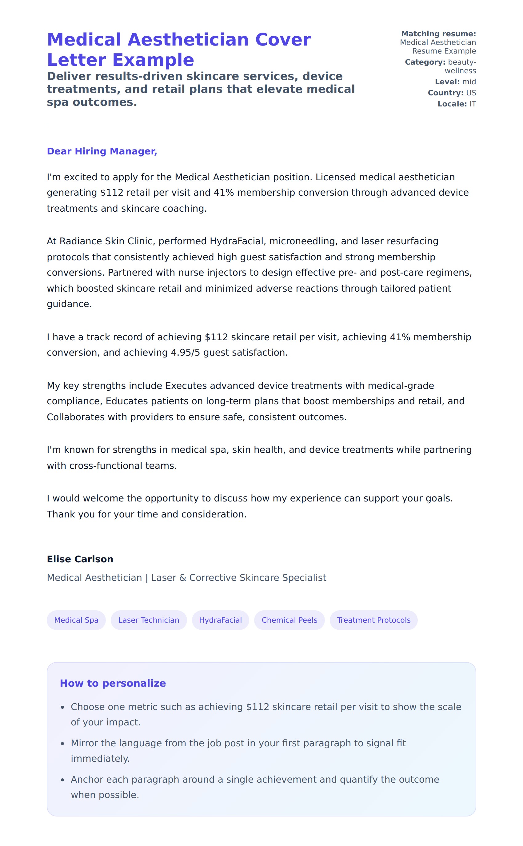 Cover Letter preview for Medical Aesthetician Cover Letter Example